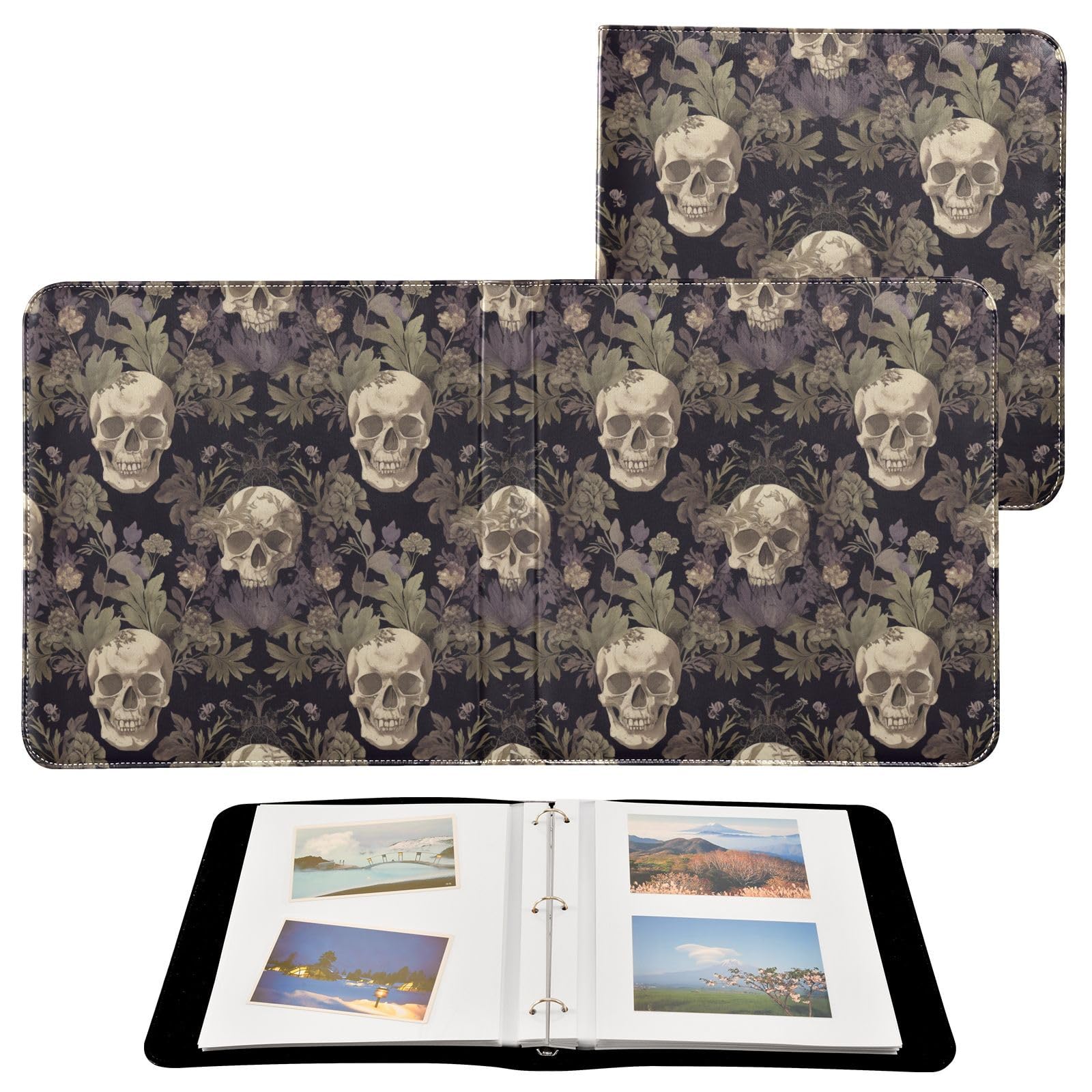 Kigai Skull Photo Album Self Adhesive Scrapbook Album Leather Cover DIY Picture Scrap Book with 20 Adhesive Sheets, 11.8x24x0.8 inch