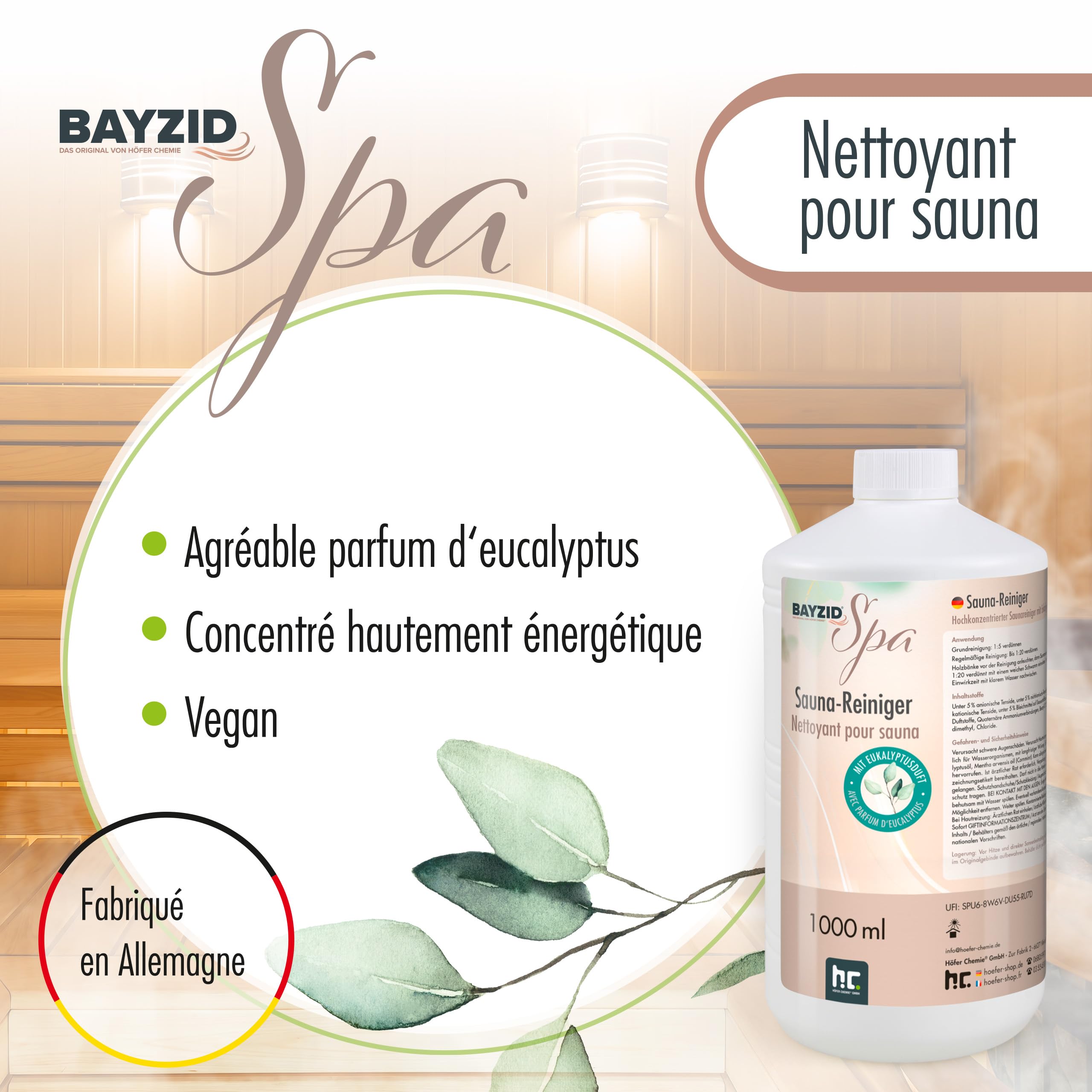 1 L Bayzid SPA Nettoyant pour Sauna concentré parfum eucalyptus, pour le nettoyage du bois du sauna