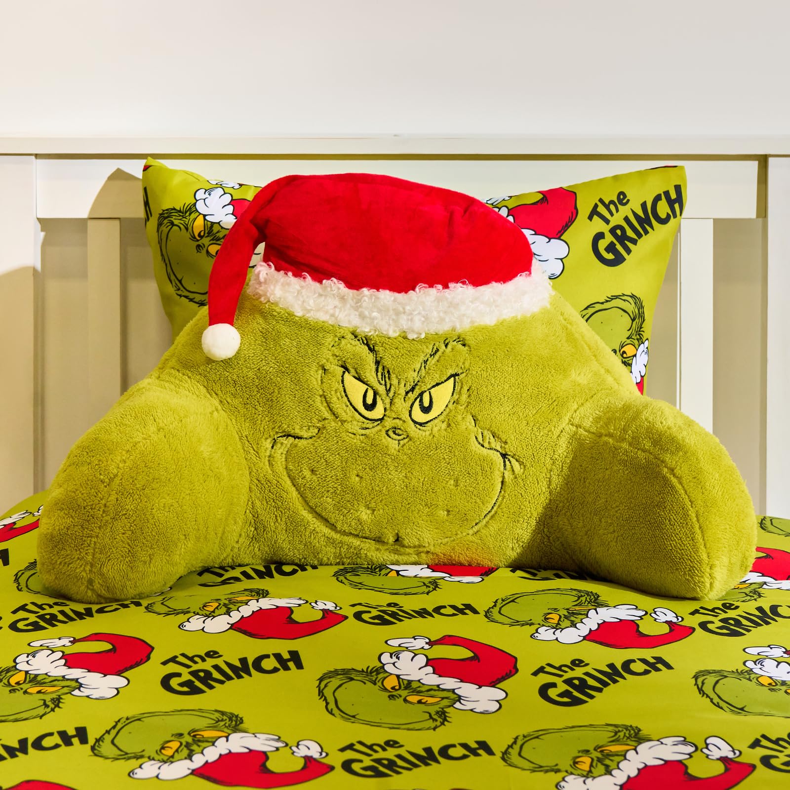 OHS the Grinch Cuddle Cushion for Kids, Christmas Decorations Reading Pillow for Bed Adult Soft Cosy Teddy Fleece Snuggle Hug Pillow with Arms Backrest Pillows Relaxing Comfy, Green - 45x40x30cm