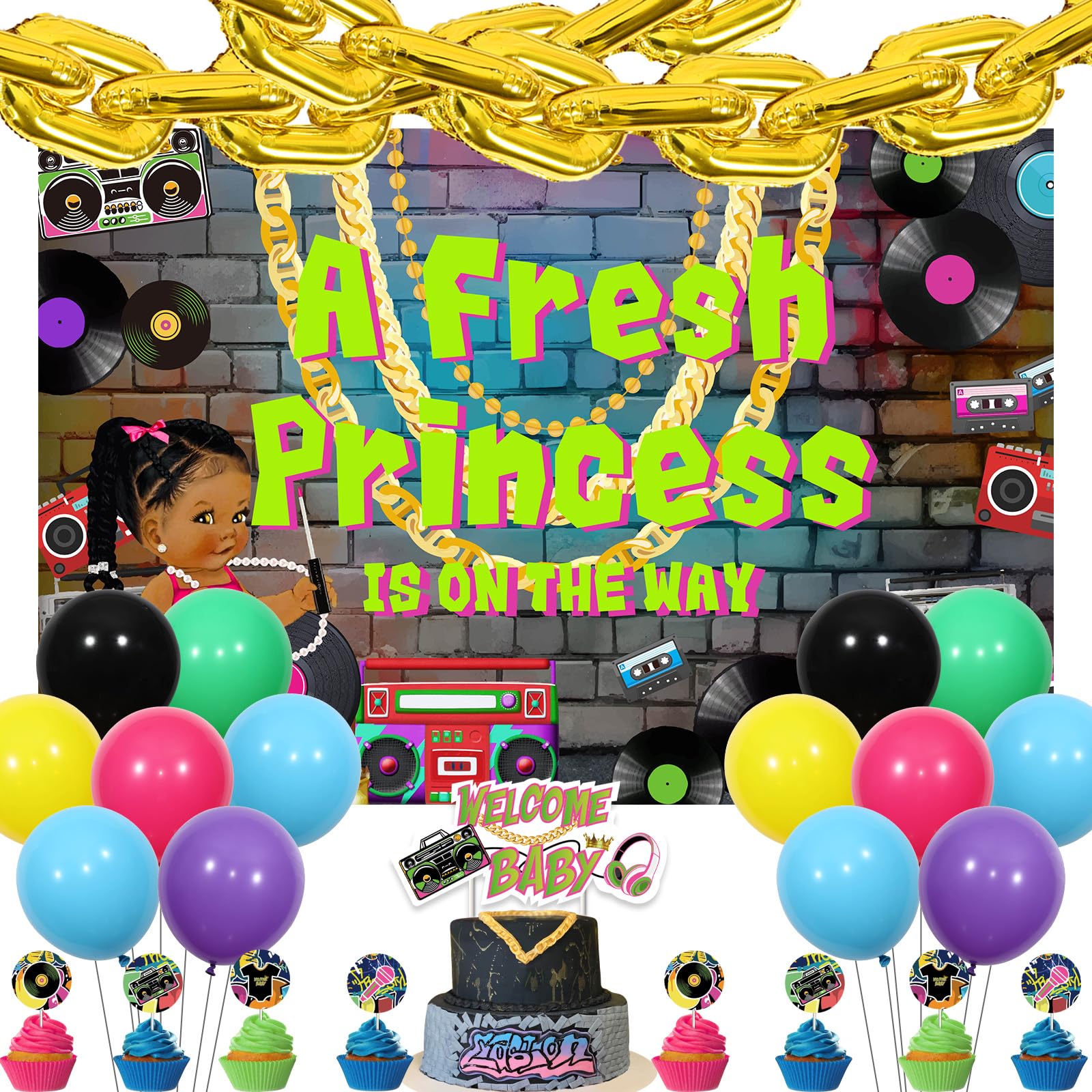 kreat4joy Princess Baby Shower Decorations Girl, A Fresh Princess is On The Way Backdrop Welcome Baby Cake Cupcake Toppers Number 0 Foil Balloon for