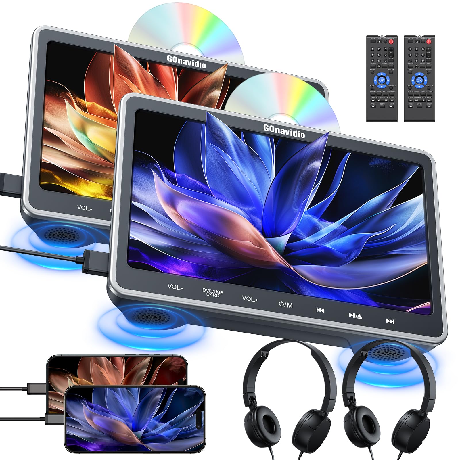 GOnavidio Lettore DVD doppio da 10,1 pollici con ingresso HDMI, disco di aspirazione automatico, riproduzione di film doppi, 2 cuffie e staffe, scheda USB/TF, ultima memoria, sistema di