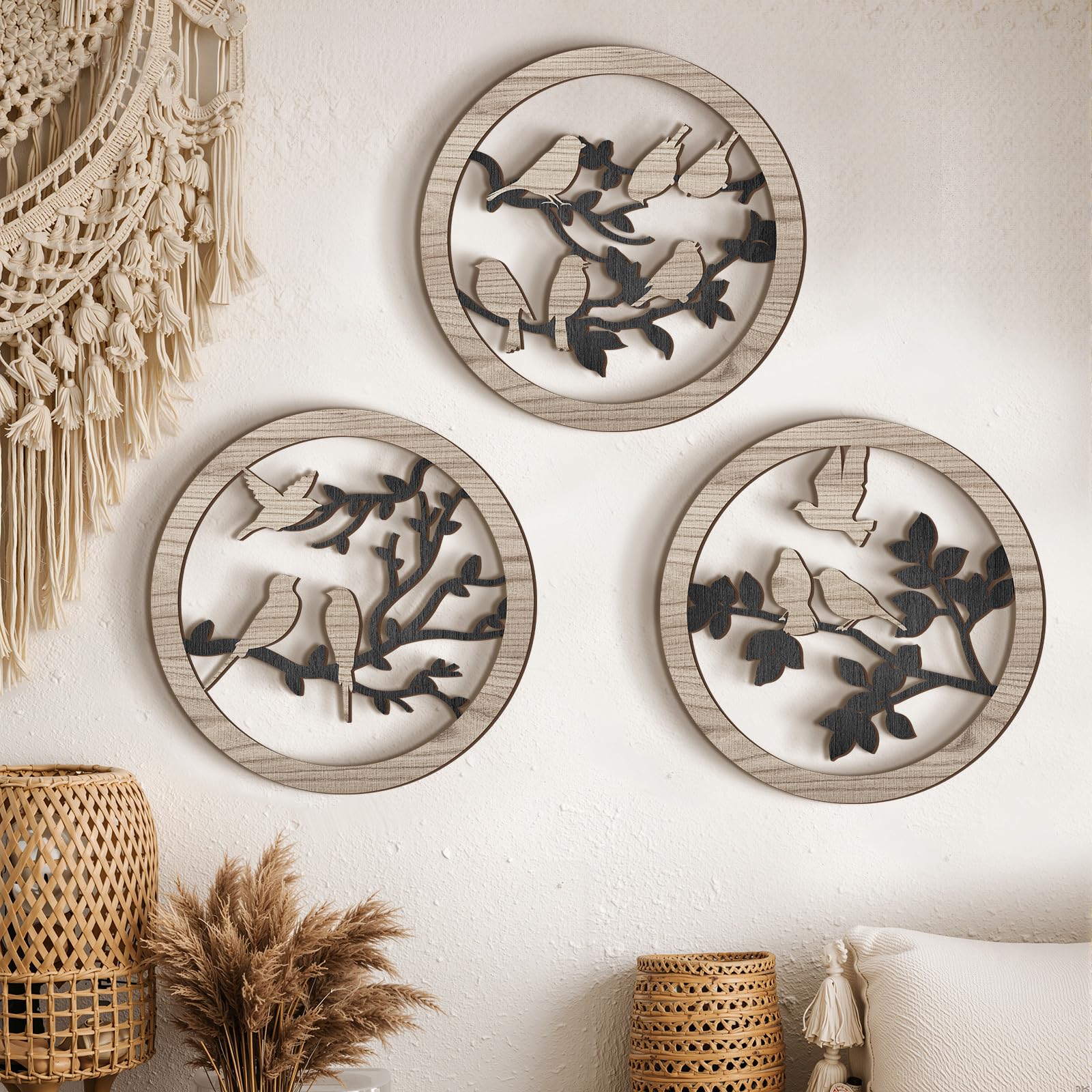 Sintuff 3 Pcs Bird Wall Decor Bird on Tree Branch Farmhouse Wall Decor 9.8 Inch Rustic Wood Art Sculpture Hanging for Living Room Kitchen Home Outdoor
