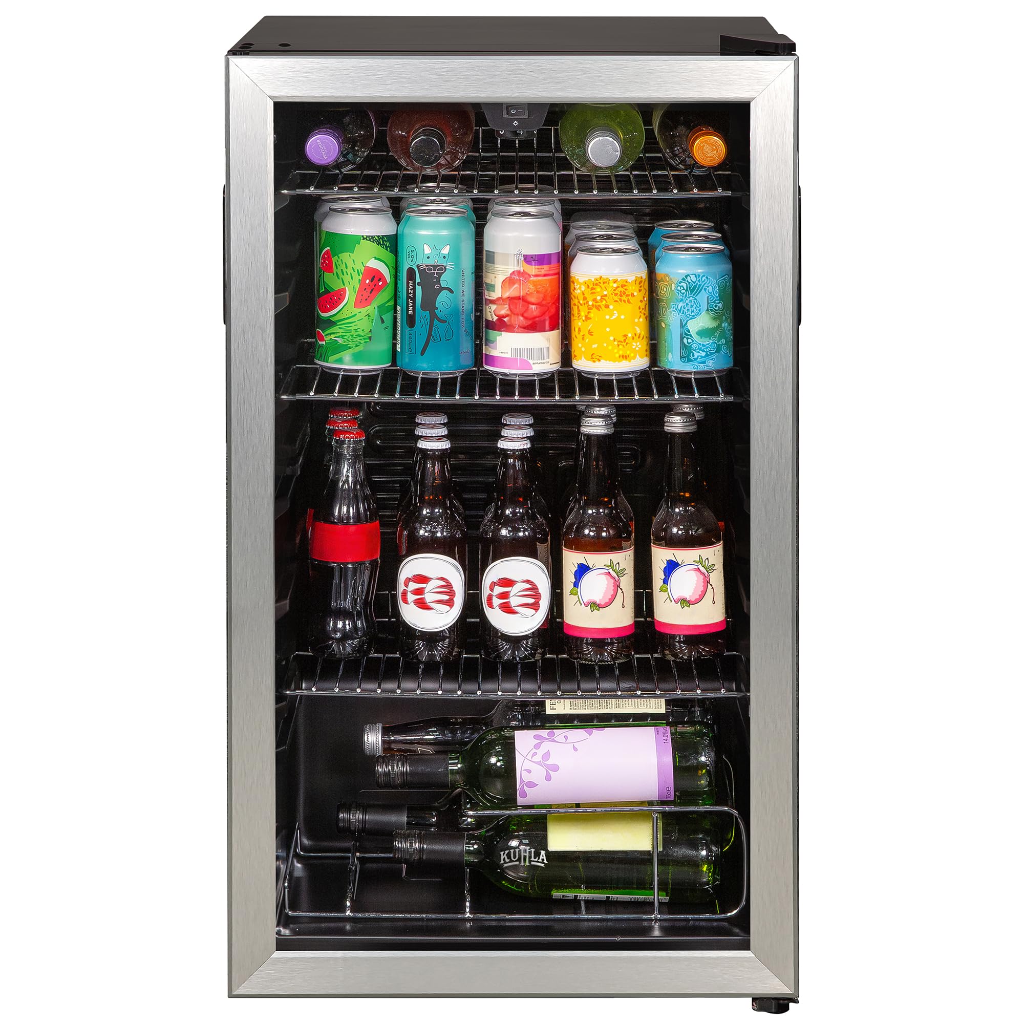 Kuhla Mini Fridge 93 Litre Undercounter Freestanding Beverage/Drinks Wine Fridge for Beer Stainless Steel, LED Light, Drinks & Snacks Glass Door, 3 Adjustable Shelves, Energy Efficient, K48BC101SS