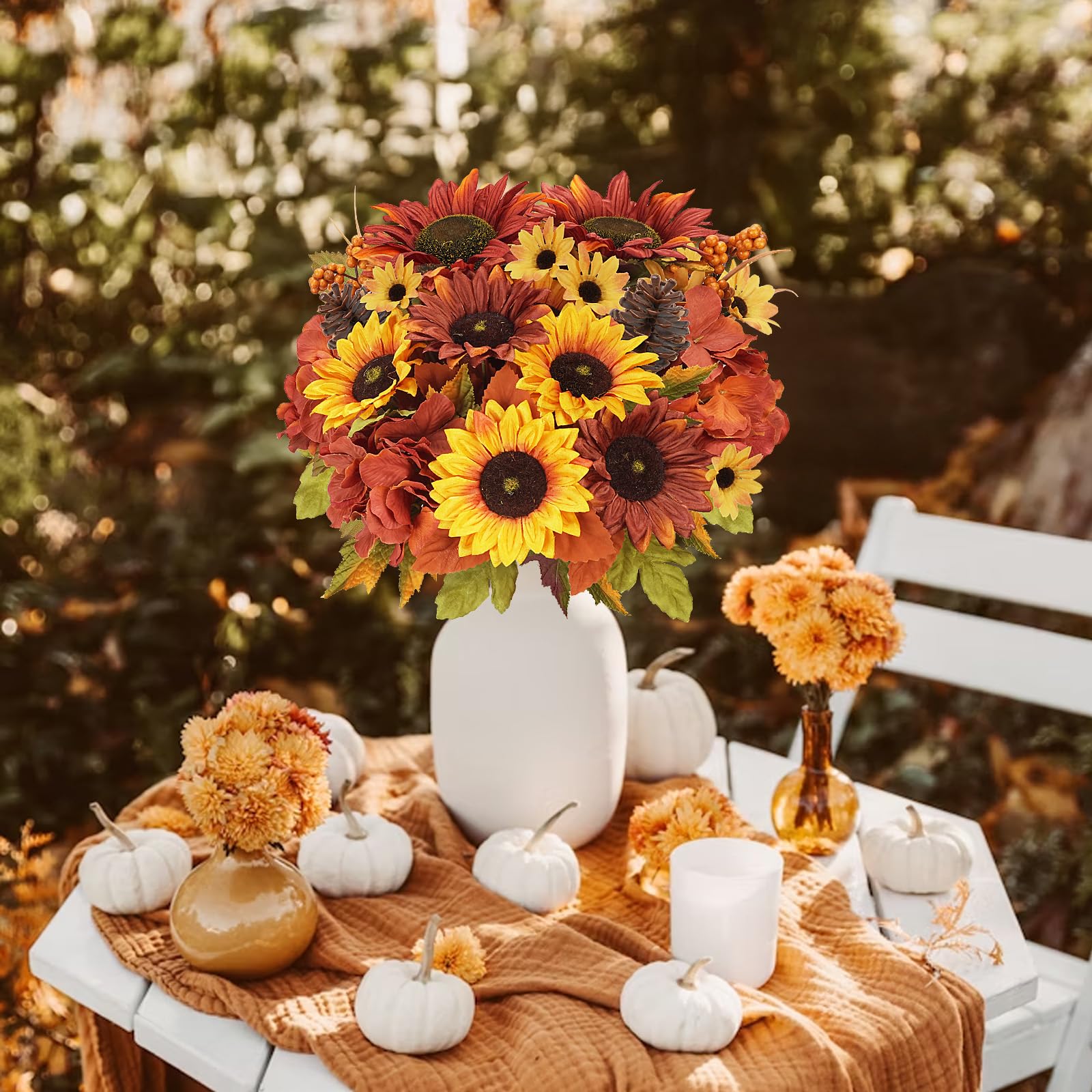 2 fasci di fiori autunnali in seta bouquet con girasoli fiori artificiali ortensie artificiali autunnali composizione floreale arancione finto fiore per casa festa autunno Ringraziamento vaso tomba
