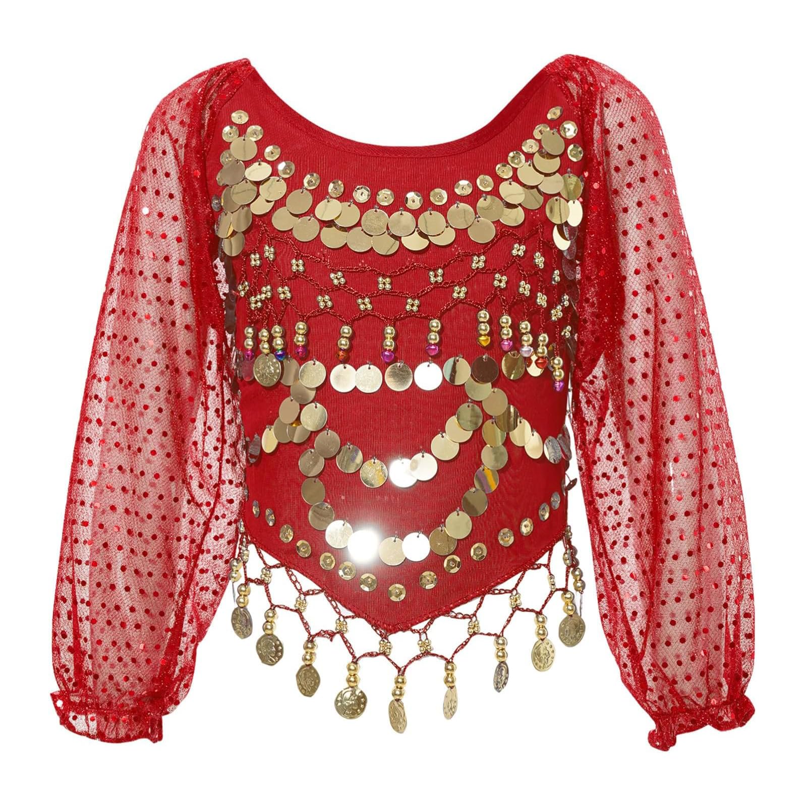 Camiseta de danza del vientre para mujer, manga larga abombada, de gasa, con lentejuelas, para danza del vientre, blusa con borlas y monedas con purpurina para festivales, club, camiseta corta tribal