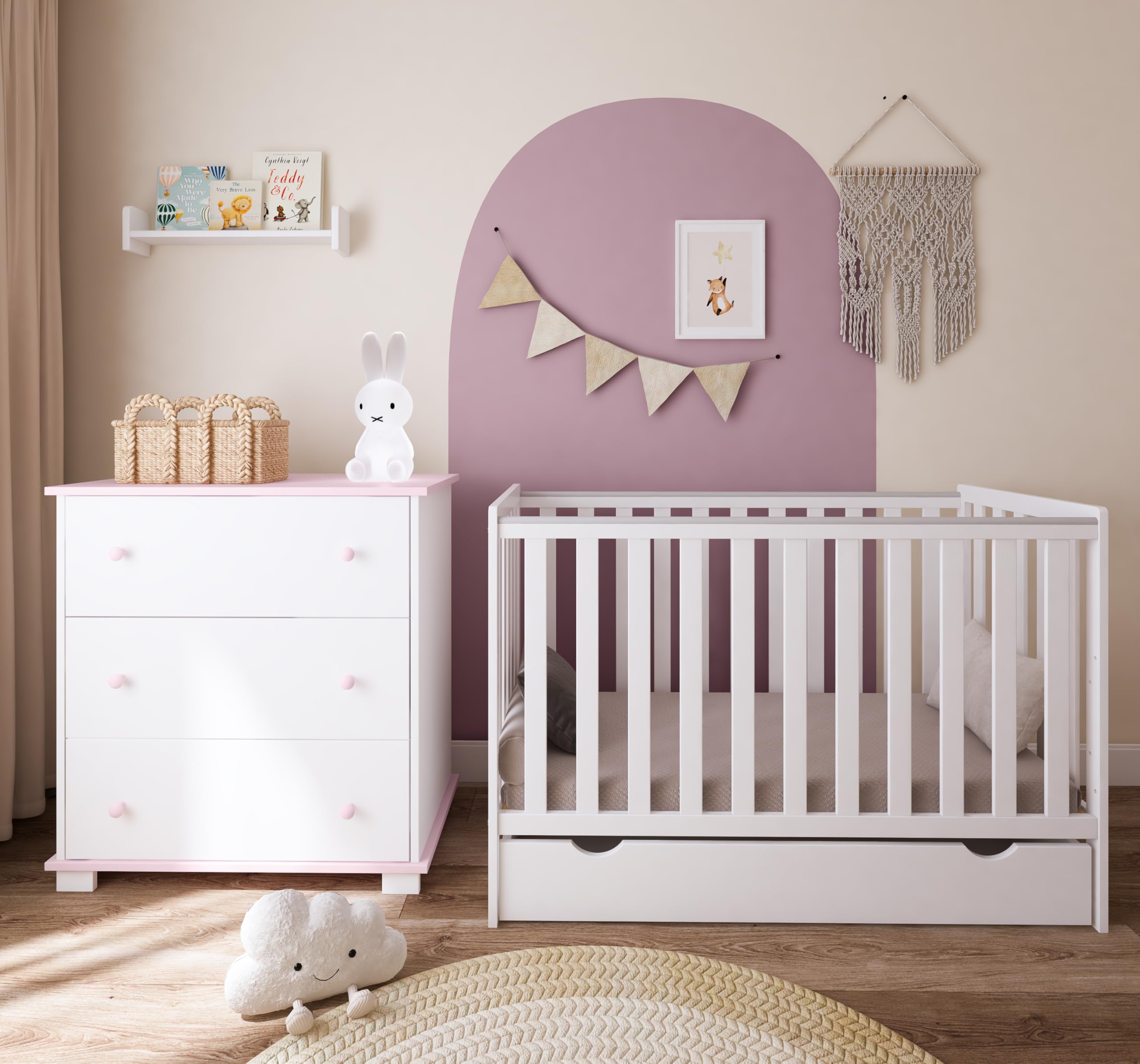 zee Cómoda Cambiador para Bebé Rosa 83 x 49 x 87 cm Classic con 3 Cajones Cambiador Extraíble Guías Telescópicas Tiradores y Patas de Madera de Pino