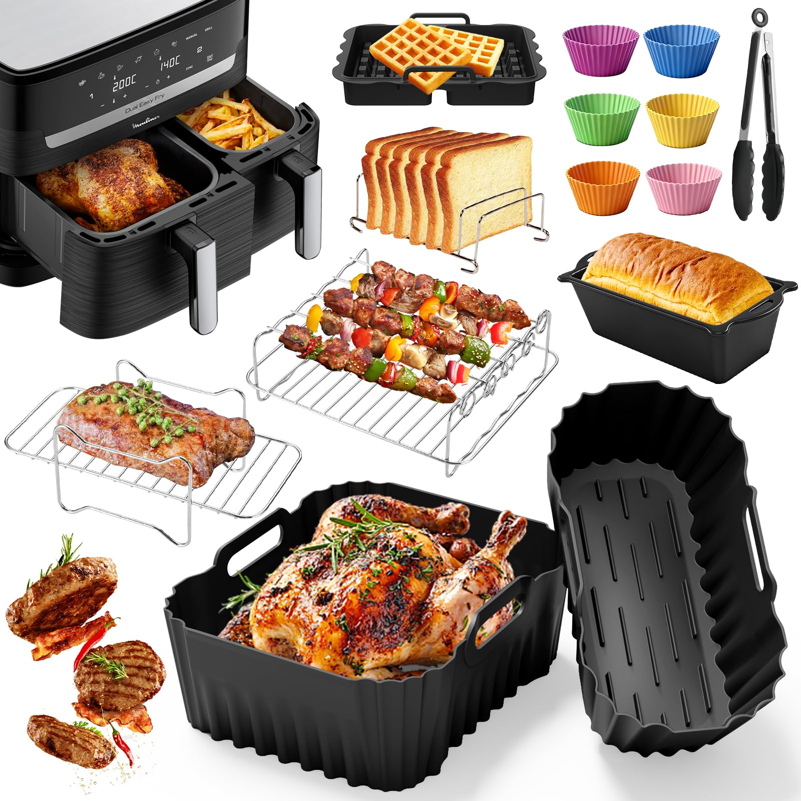 Molde Silicona Freidora de Aire para Moulinex Dual Easy Fry 8,3 L(5,2 + 3,1 L), Reutilizable Accesorios Freidora de aire para Air Fryer, Microondas, Horno Moldes de Silicona