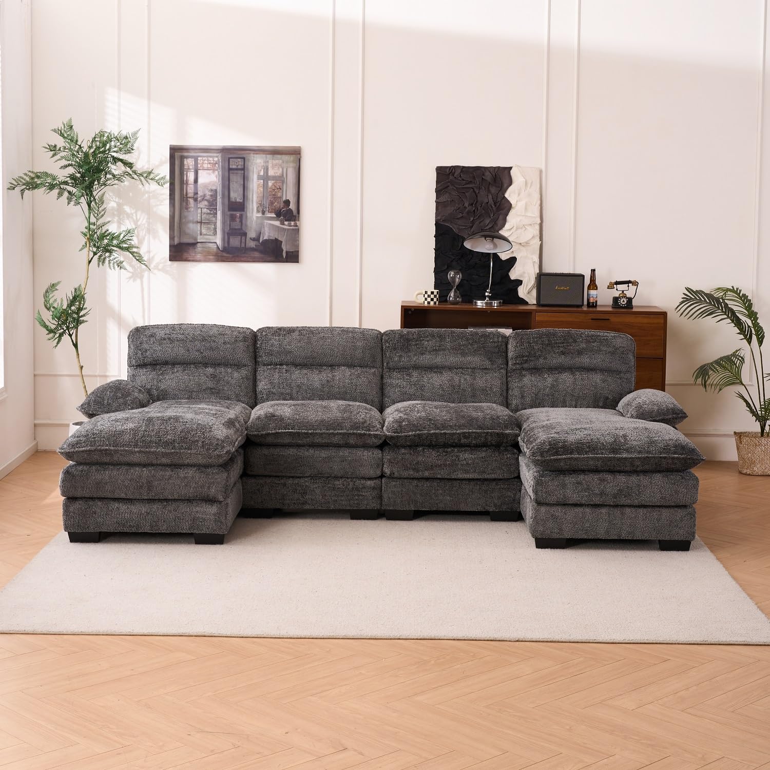 SpacoU Shaped Sectional Sofa Couch for Living Room,Modern Sofa Couch with Double Cushion,Upholstery Sofa Cloud Couch with 4 Waist Pillows for Apartment,Office, SPC-U-SC2413