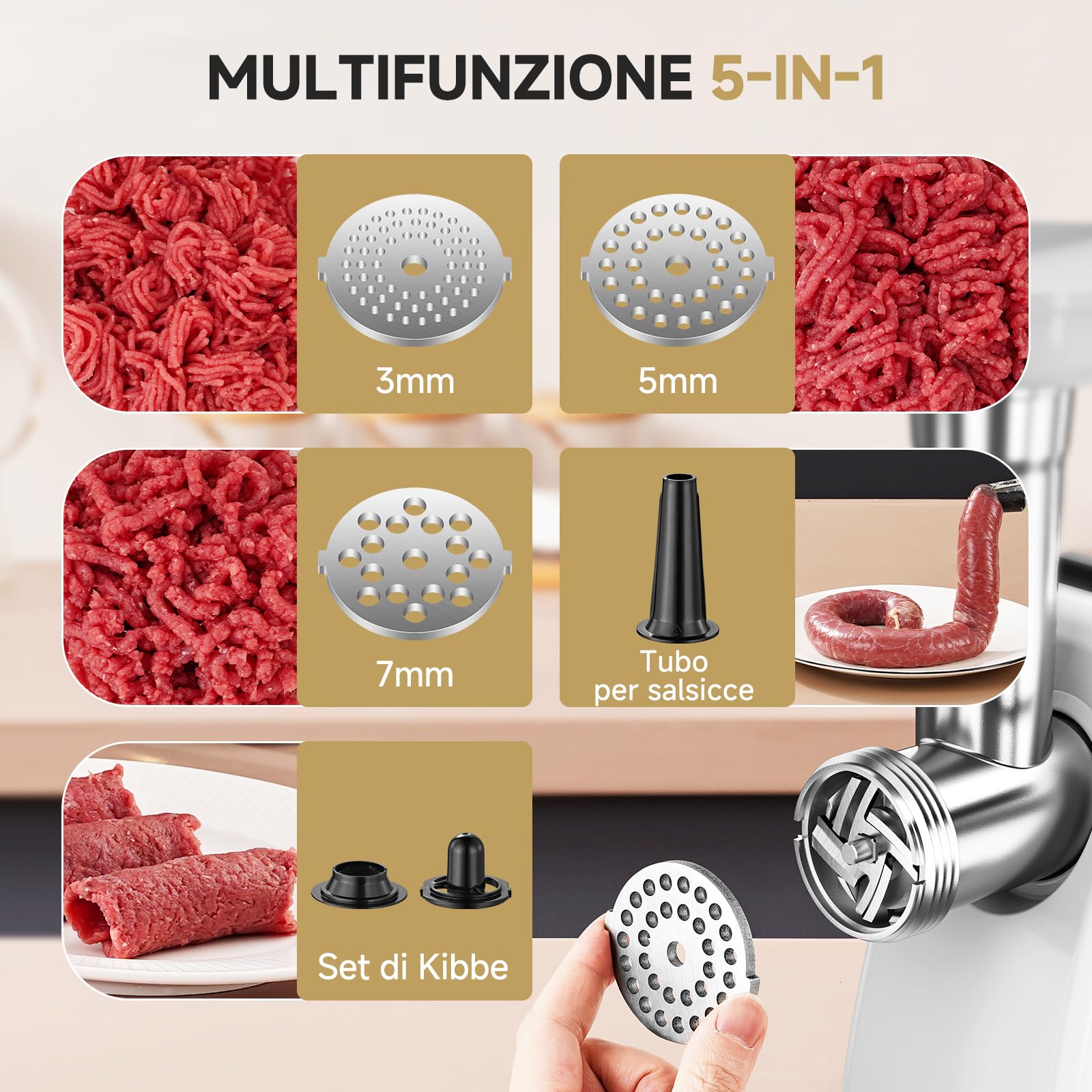 AMZCHEF Tritacarne Elettrico per Casa - con 3 Dischi, Riempisalsicce & Kit Kubbe | Ideale per Carne Macinata, Salsicce & Cucina Domestica