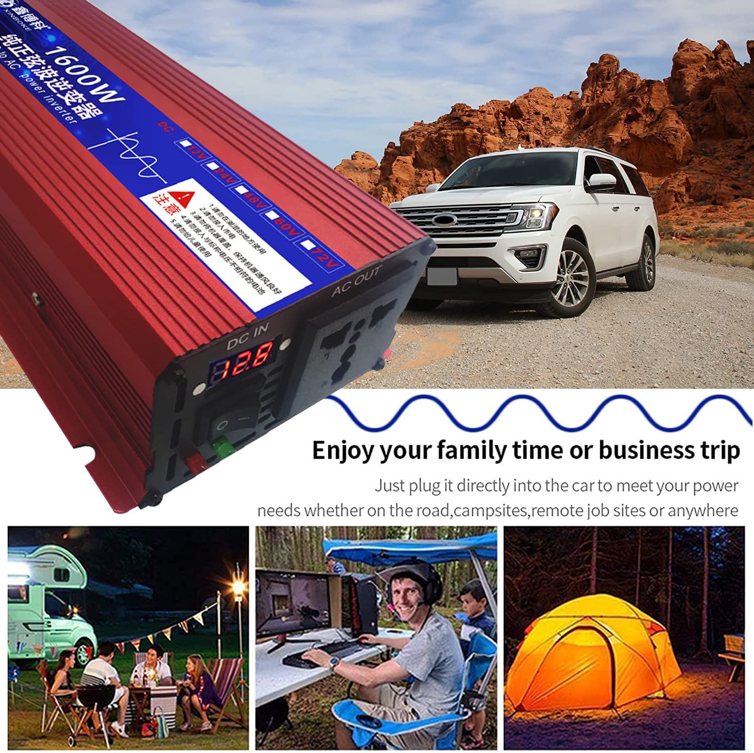 Convertitore di Tensione 12V 24V 48V 60V 72V a 110V 230V Inverter a Onda sinusoidale Pura 600W 1600W 2200W 3000W con Display LCD e Prese CA per Viaggi Domestici Camping RV Emergenza, 2200W-60Vto110V