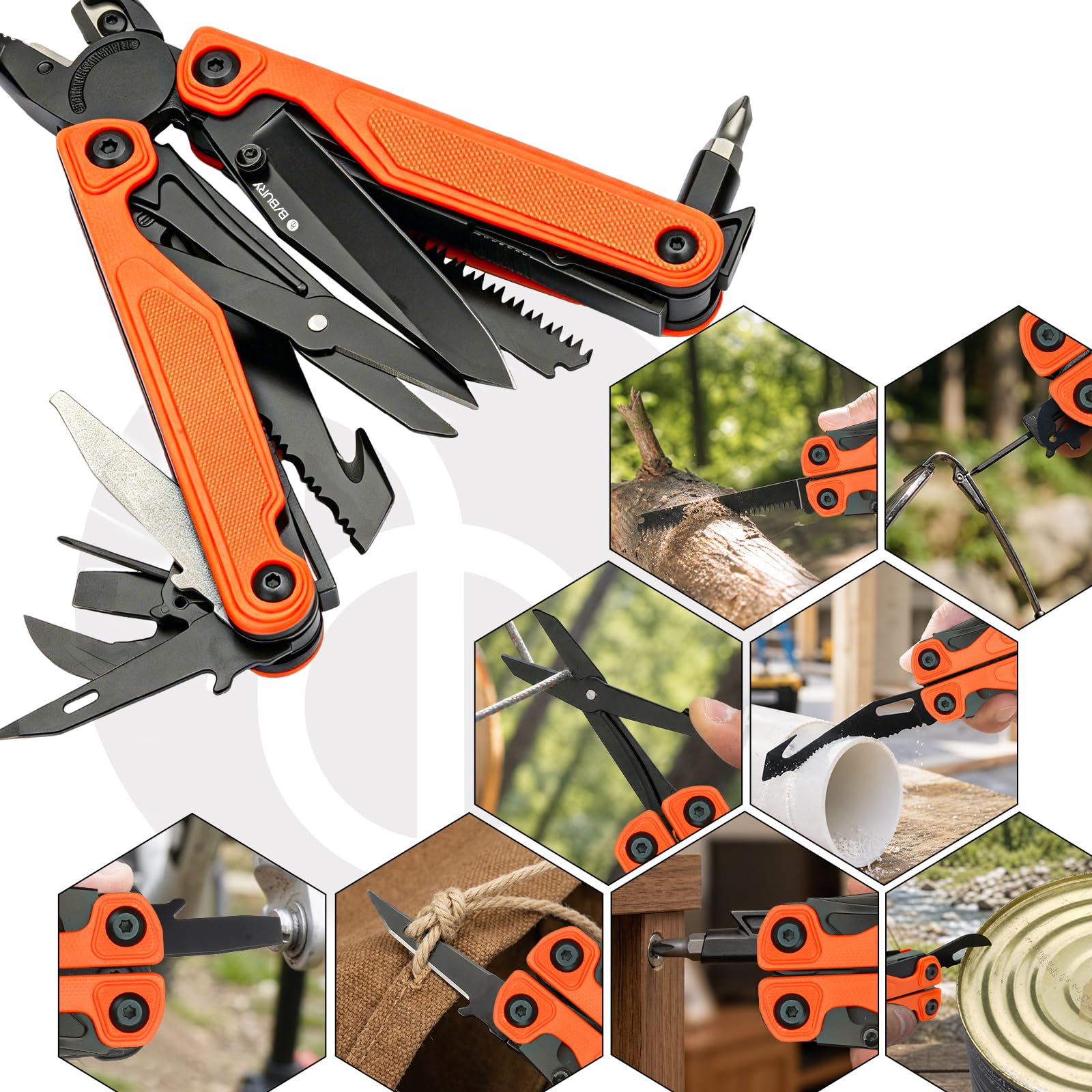 BIBURY Multiherramienta con Mango G10, Alicates Multiusos, Navaja Multiusos con Apertura con Una Mano, Tijeras y Puntas, EDC Multitool para Camping, Senderismo, Reparar y Regalo Hombre (Naranja)