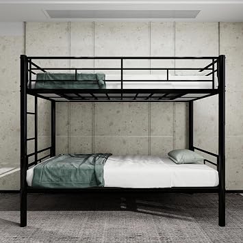 HRVEOCEI 2-Way Convertible Twin Over Twin Bunk Bed with Guardrail & Ladders, Metal Low Bunkbed for Kids Boys Girls, Heavy Duty, No Box Spring Needed, Space-Saving Black, No Trundle