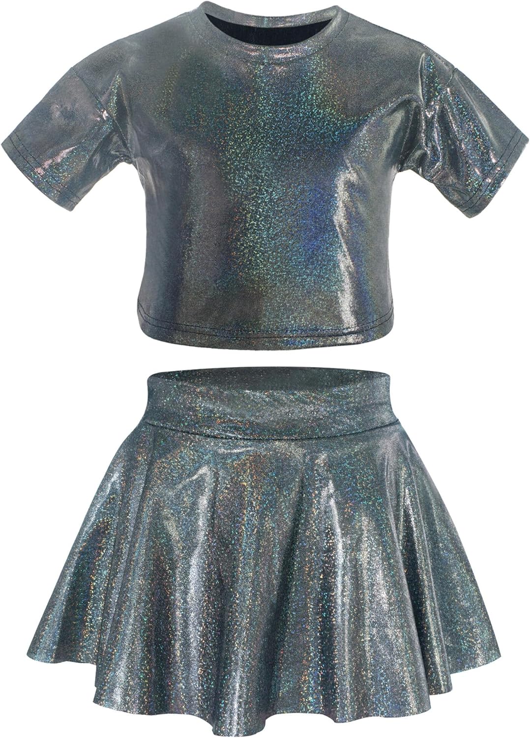 Happy Cherry 2Pcs Kids Girls Shiny Metallic Short Sleeve Crop Top with Pleated Skirt Set Dancewear Performance Costumes
