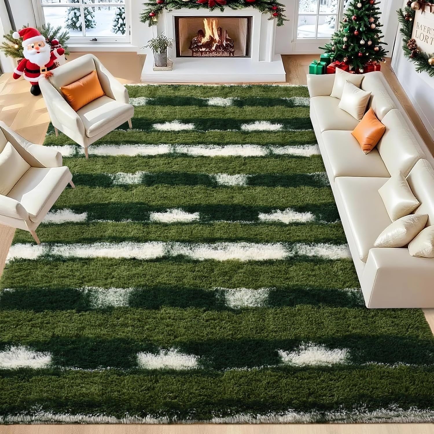 Green and White Rugs for Living Room Bedroom, 4x6 Fluffy Soft Plush Area Rugs with Non-Slip Backing, Modern Striped Shag Fuzzy Carpets for Kids Playroom Nursery Dorms Home Decor