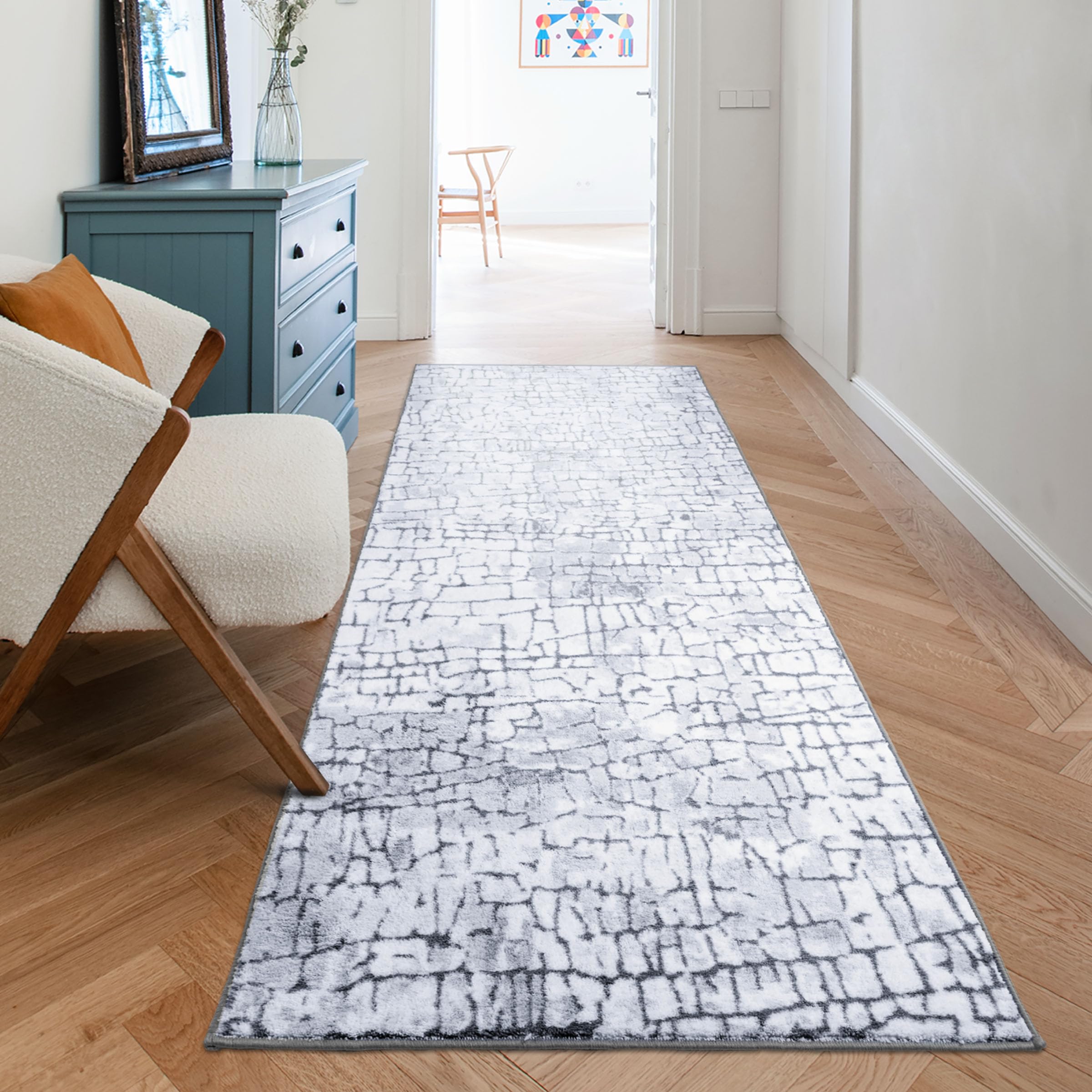 Floordirekt Teppich Läufer für Küche, Flur & Wohnraum Küchenläufer - Rutschfester Moderner Flurteppich für Wohnzimmer & Schlafzimmer - Meterware - 80 x 300 cm, Aqua