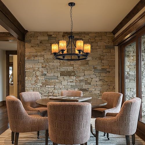 Miniatura 7 de NOXARTE Candelabro de rueda de vagón de 26 pulgadas, lámpara redonda negra de 6 luces con pantalla de vidrio de sal brillante, altura ajustable,