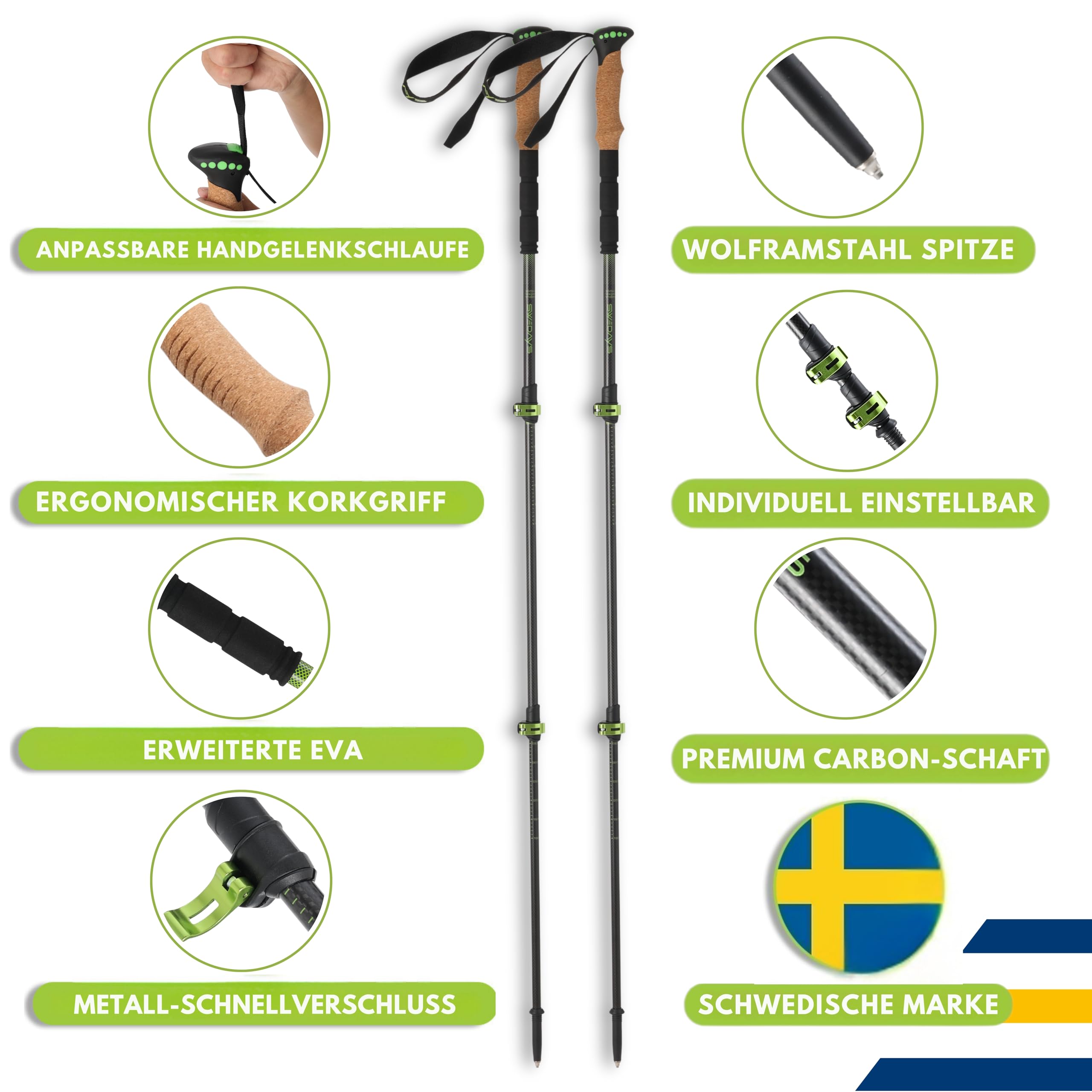 Wanderstöcke Teleskop Carbon & Alu mit Korkgriff für Damen & Herren | Leicht und VerstellbarNordic Walking & Trekkingstöcke für Wandern, Bergsport, Skitouren, mit Gummipuffern & Tasche.