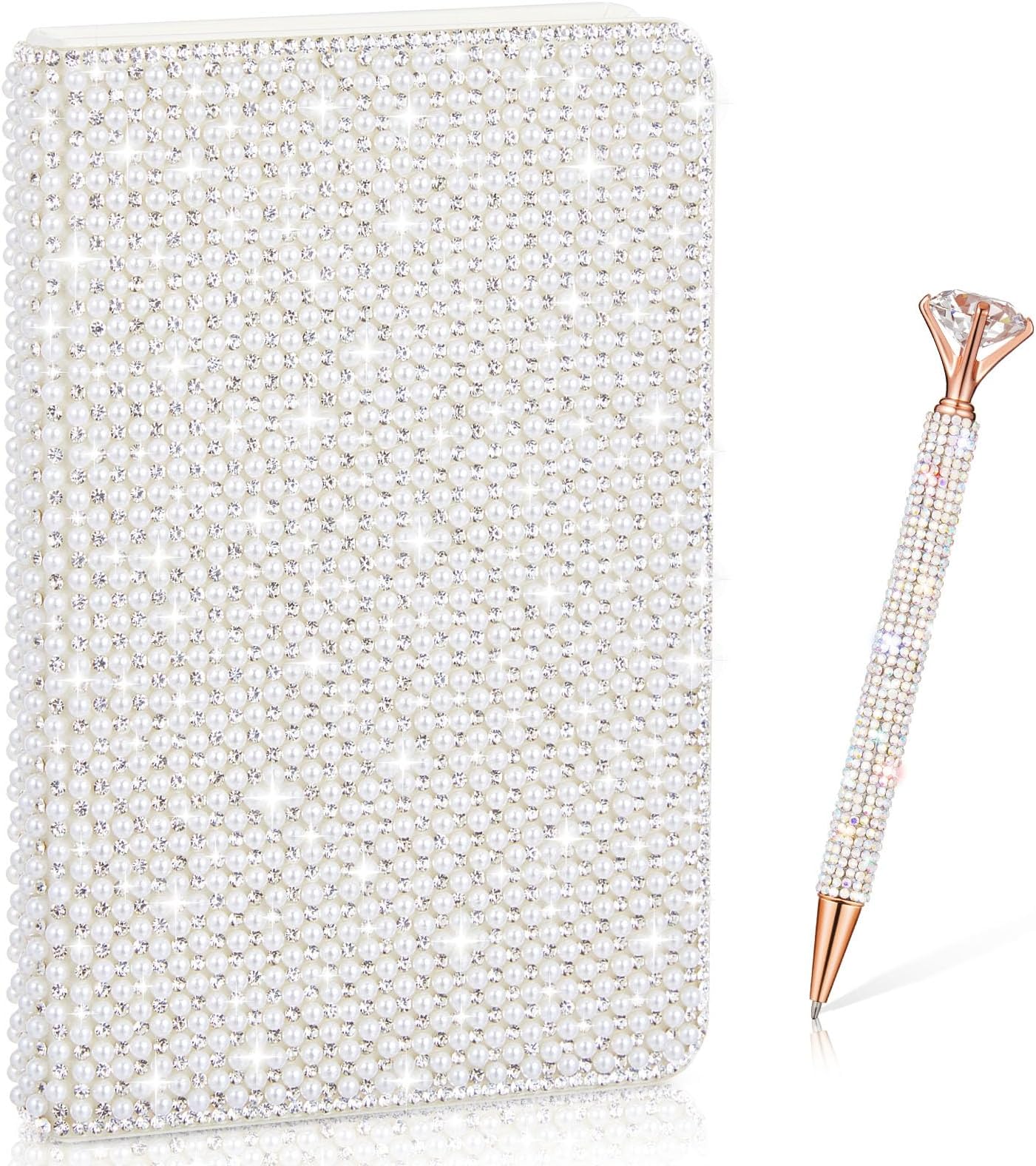 Resholder Rhinestone Notebook Pen Sets Glitter Pocket Notebook Crystal Pens Mini Diamond Journal Hardcover Bling Diary Office Desk Accessories for Women Birthday Gift(Pearl,A5,White)