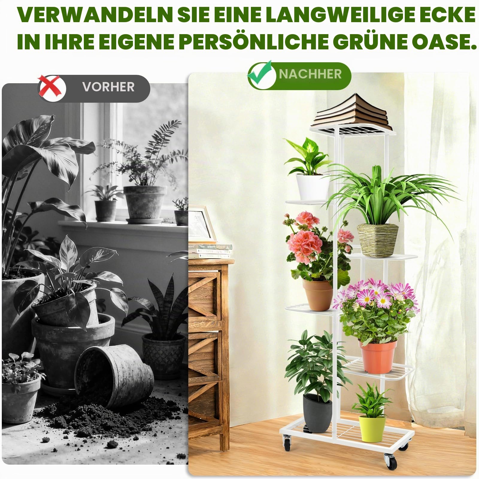 6-stöckiger Pflanzenständer, Metallregal mit Rollen, 108 cm Höhe, für Innen- und Außennutzung, Weiß
