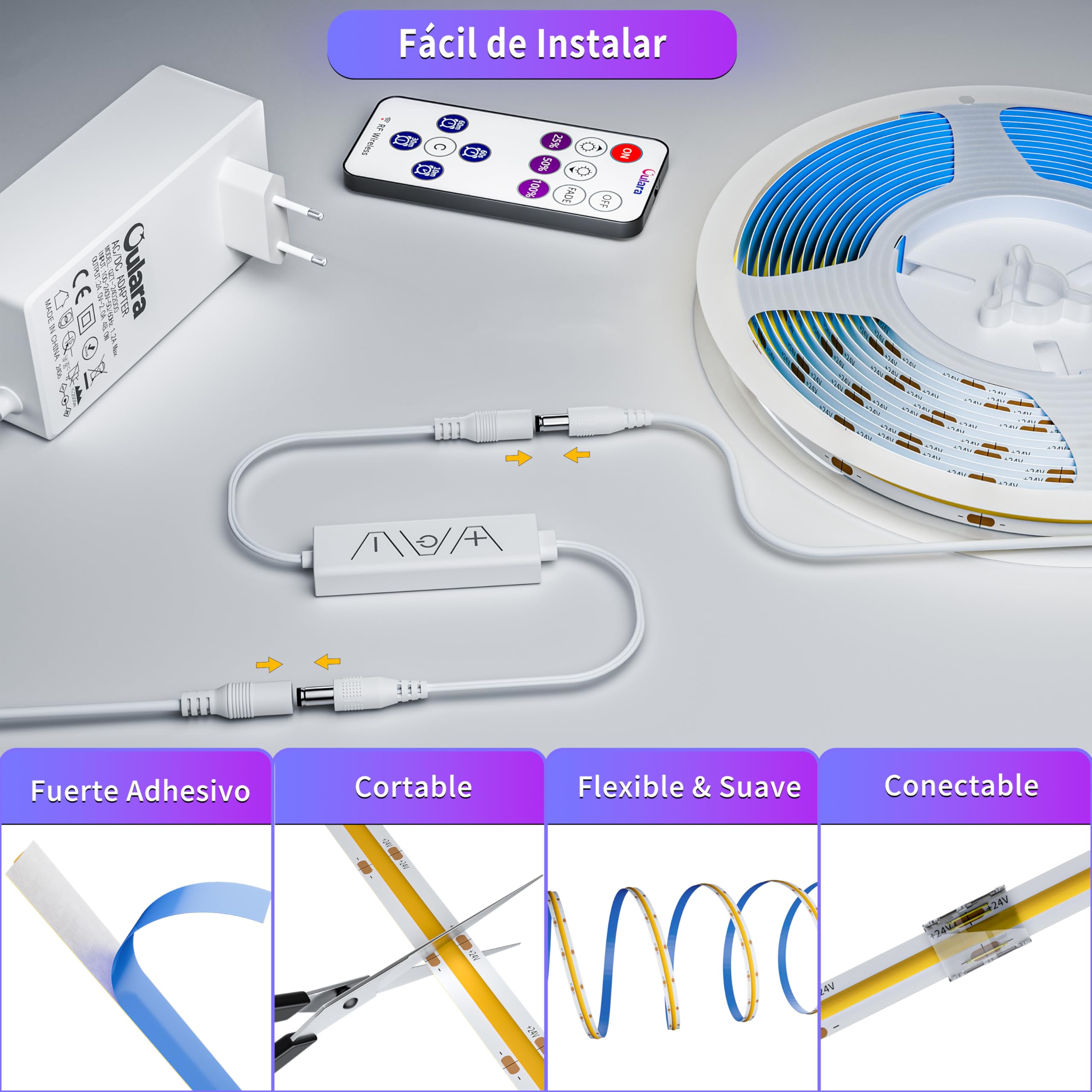 OULARA Tira LED COB 10M blanco cálido 2700K,Regulable 24V LED tira luces con RF Remoto y Alimentación,CRI90+ Flexible led Strip light para decoración del hogar,Función de Temporizador
