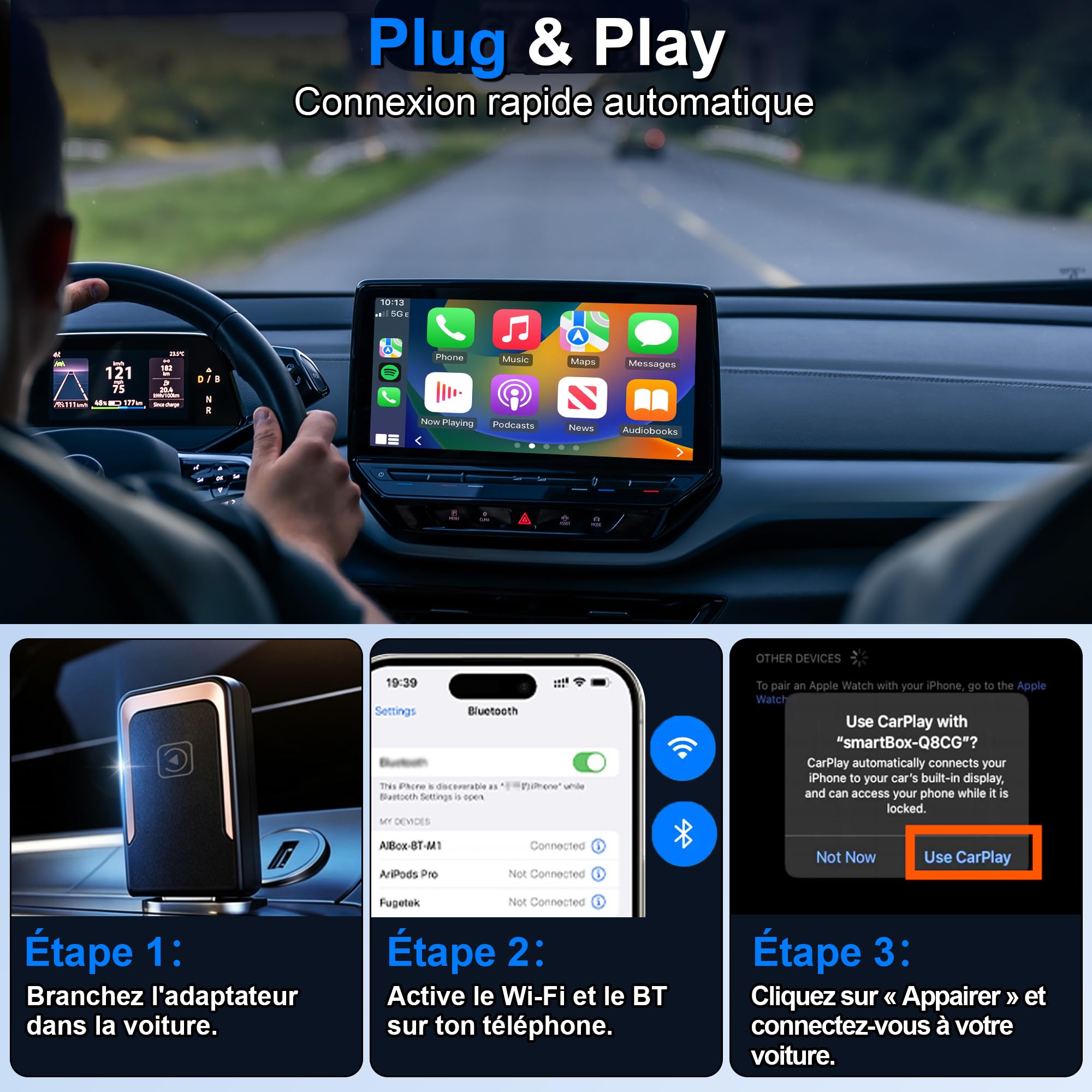 Adaptateur Carplayy sans Fil, Mini clé USB Carplayy sans Fil, Plug and Play, Compatible avec Les Voitures fonctionnant sous iOS 10+ et Carplayy (Rose)