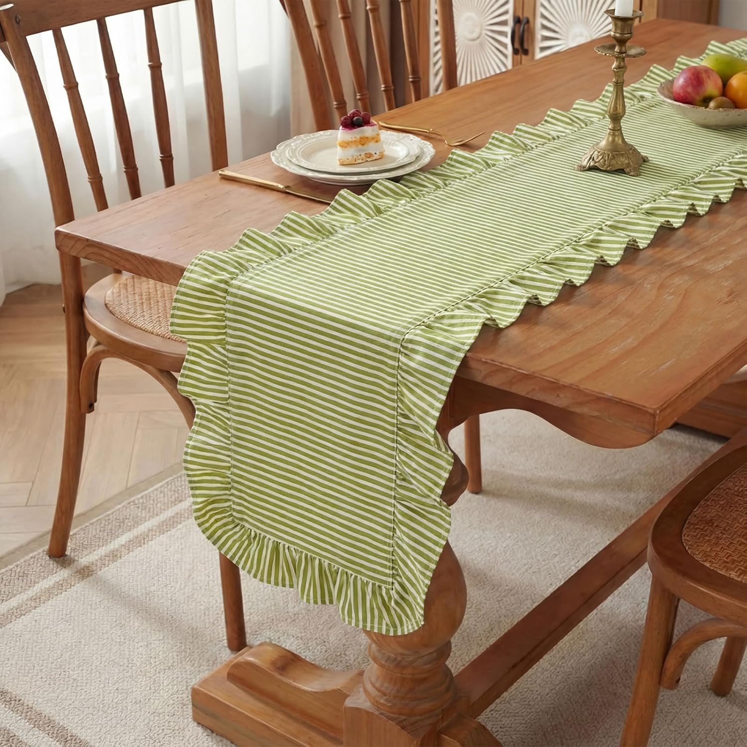 HunnmingRe Ruffle Trim Boho Table Runner Farmhouse Rustic Stripes Scalloped Table Runner Decorative Cloth for Home Dining Cafes Restaurants Hotel Baby Shower Wedding(Green,14x72inch)
