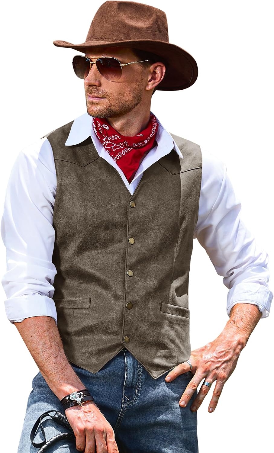 Herberton Mens Western Vintage Vest Cowboy Suede Leather Waistcoat