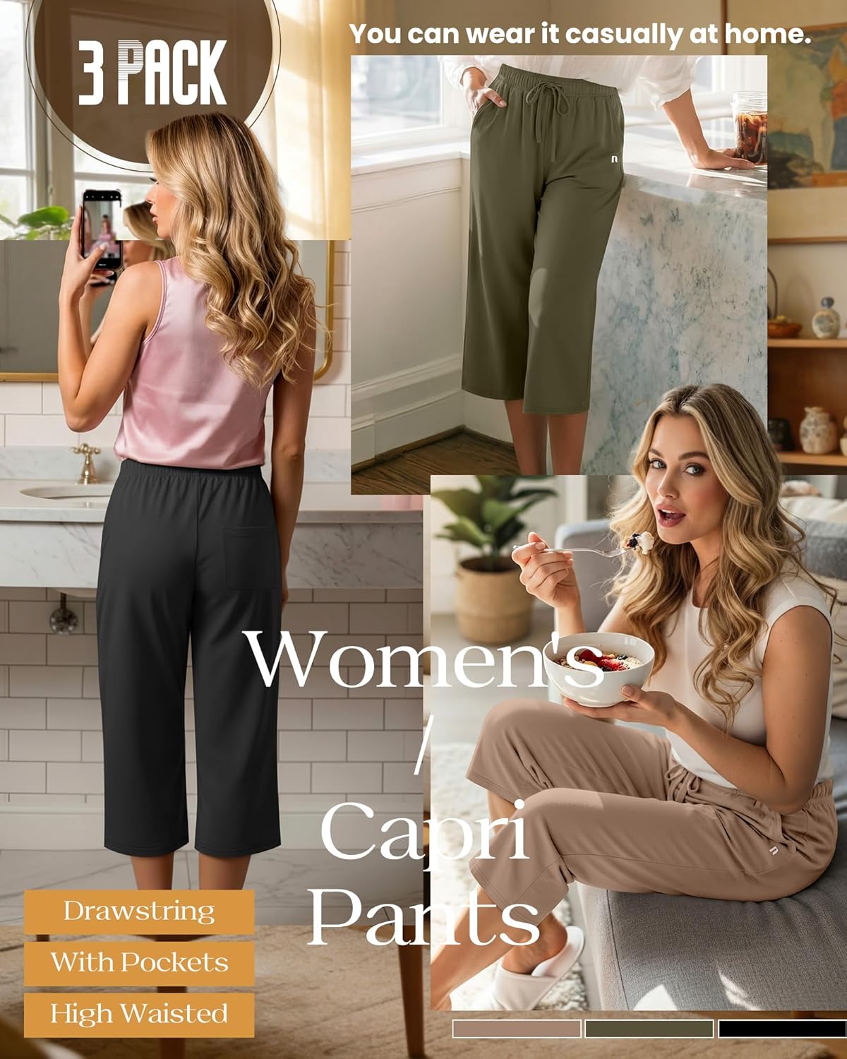 Neer 3 Pack Women's Capri Pants, Wide Leg Basic Sweatpants Lounge Loose Fit Casual Drawstring Yoga Capris with Pockets - Image 5