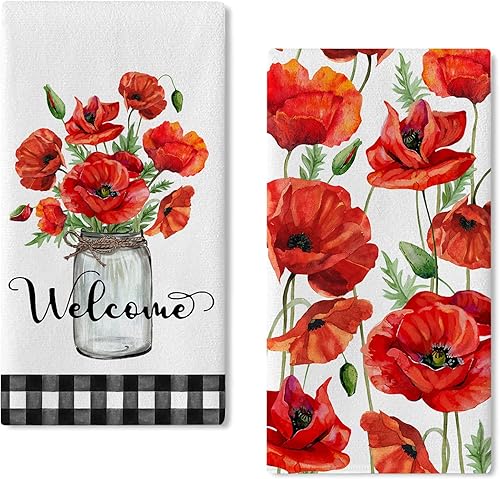 Seliem Welcome Spring - Juego de 2 toallas de cocina con diseño de flores de amapola y flores rojas toalla de mano floral de búfalo a cuadros paño