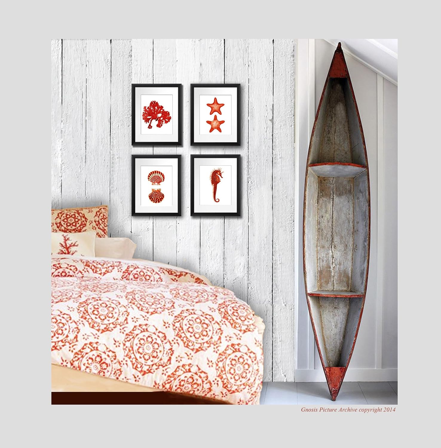Gnosis Picture Archive Red Wall Decor Beach Themed Set of 4 Unframed Art Prints Seashells Seahorse Seaweed Starfish Prints
