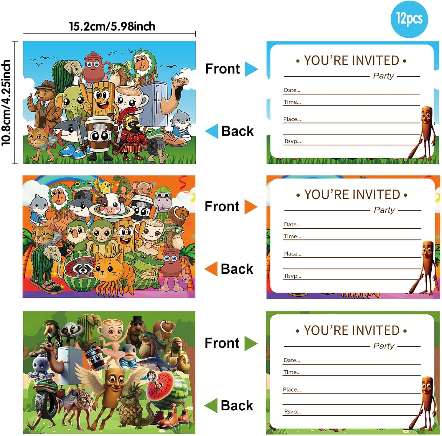12Pcs Italian Brainrot Theme Party Invitations, Double-Sided Design, 4 styles, 3 eachPerfect for Birthday Party Favor, Fill-in form Party Supplies, 5.9 x 4 .3Inch