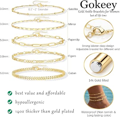 Gokeey Ankle Bracelets for Women Waterproof, 14k Gold Plated Jewelry Set Layered Cuban Figaro Link Chain Anklets Set Gold Anklets Summer Boho Beach Jewelry Gift Adjustable Size
