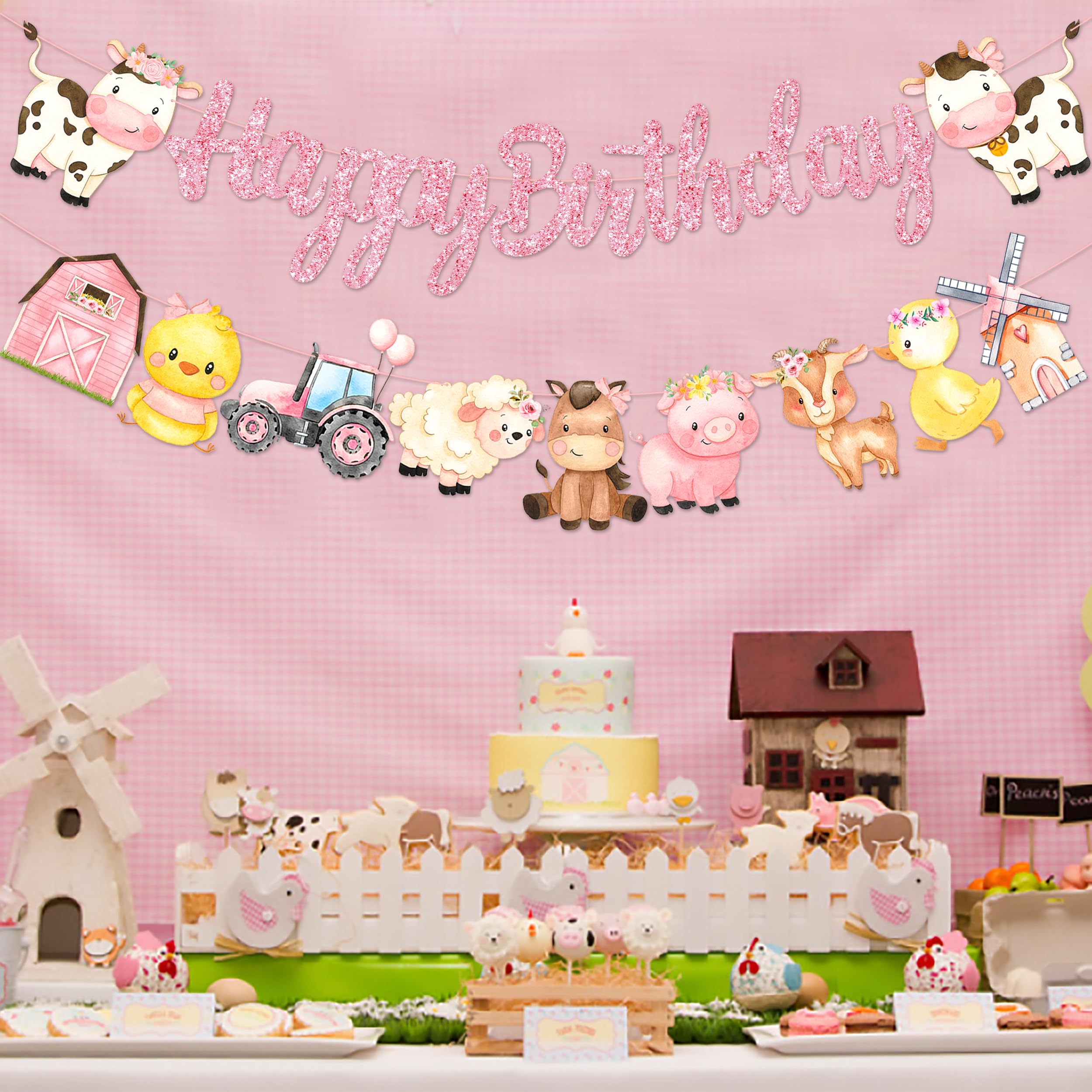 Pancartas de cumpleaños con temática de granja con purpurina rosa