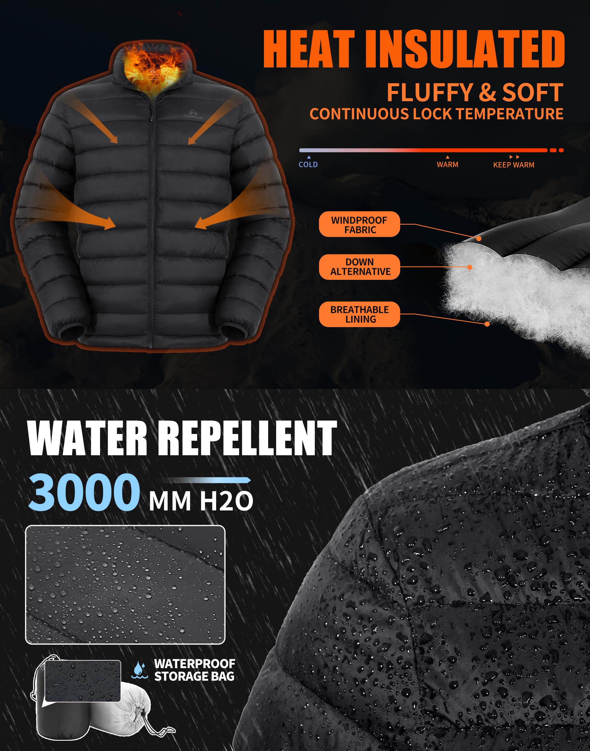 Pioneer Camp Piumino da uomo leggero, ripiegabile, invernale, isolato, idrorepellente, caldo, trapuntato, da viaggio
