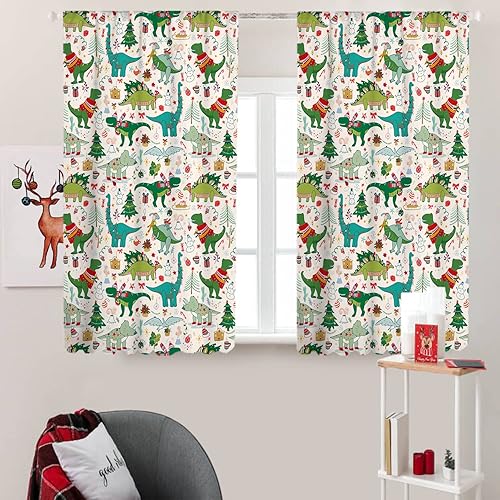 Sevendec Cortinas de dinosaurio de Navidad de dibujos animados para habitación de niños, bonito patrón de Navidad, paneles de cortina para ventana, disponible en Yaxa Peru