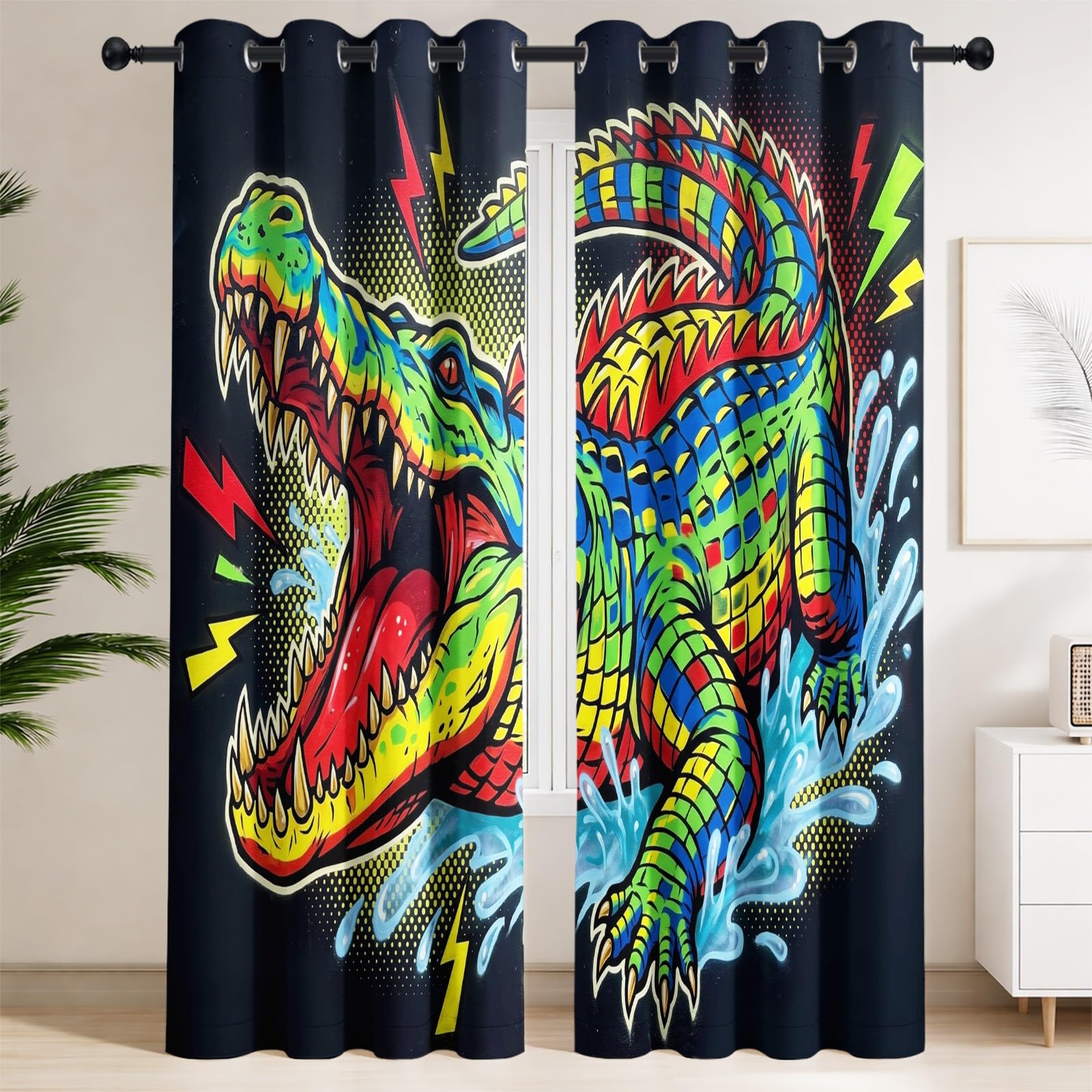 Generisch Pop modne zasłony zaciemniające na przelotkach, zasłona termiczna, krokodyle, komiks, zasłony zaciemniające, wys. 280 x szer. 140 cm, zasłona zaciemniająca do sypialni, pokoju dziecięcego