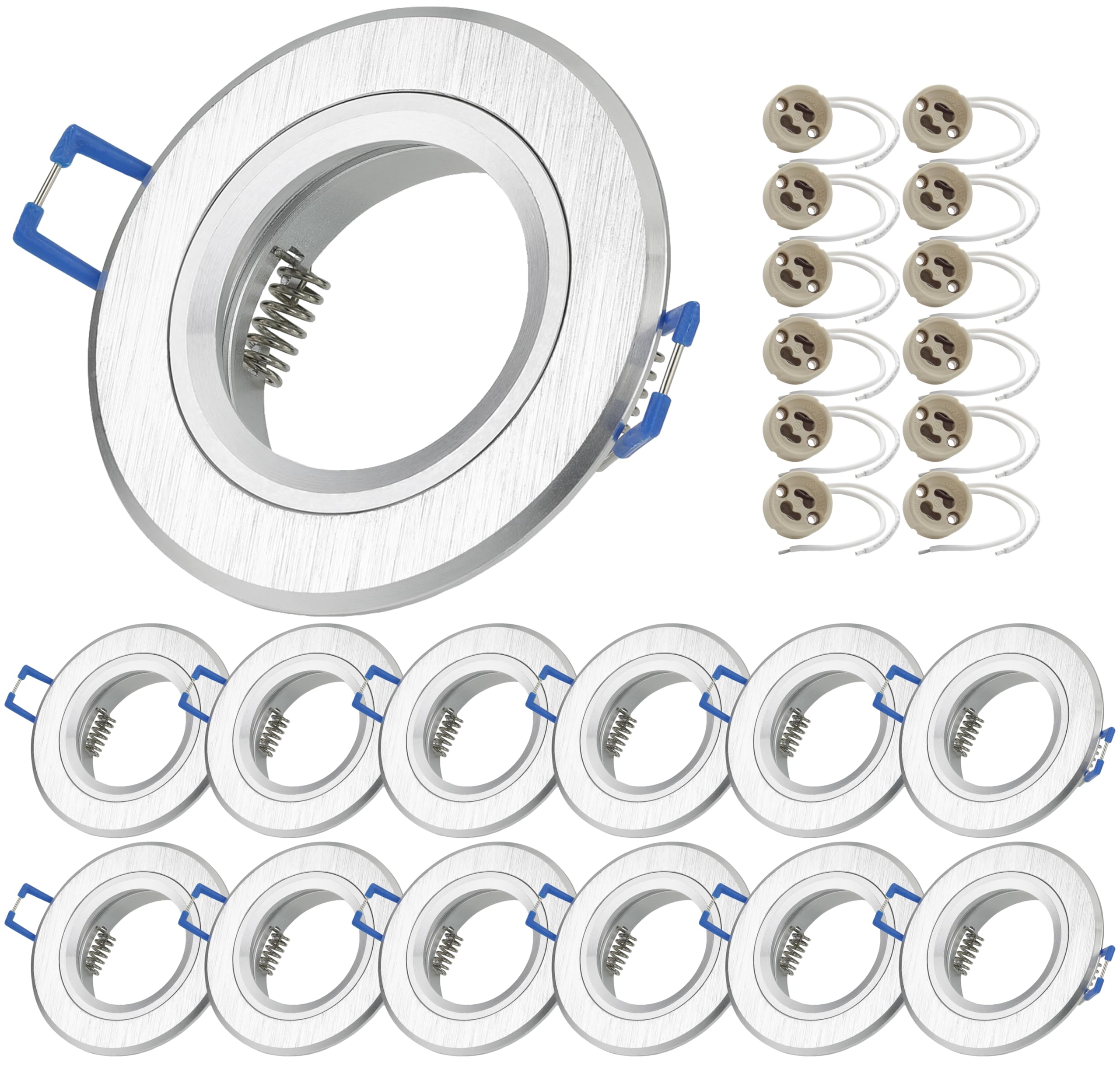 sweet-led zestaw 12-tu ram opraw sufitowych do zabudowy z gniazdem przyłączeniowym GU10 reflektory lampy do zabudowy 230 V okrągłe ramy montażowe sufitowe punktowe, reflektor sufitowy, okrąga lampa sufitowa do wbudowania (okrągłe ramki – szczotkowane sreb