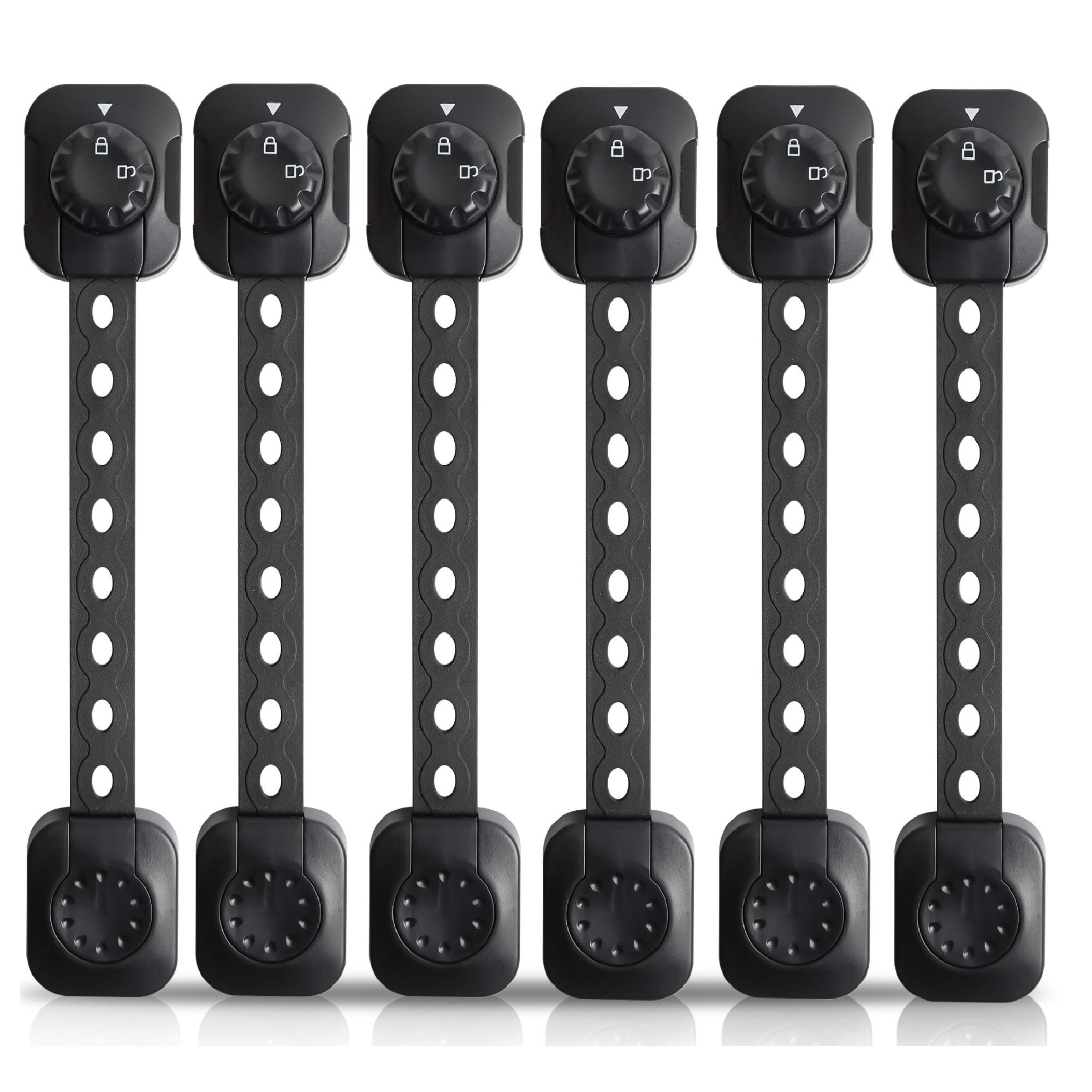 APEXAFE Child Safety Cabinet Locks to Baby Proof - Cabinets, Drawers, Fridge, Closet Doors Etc. Pack of 6, 3M Adhesive with Length Adjustable Strap Dual Action Lock and 6 Extra Corner Protectors
