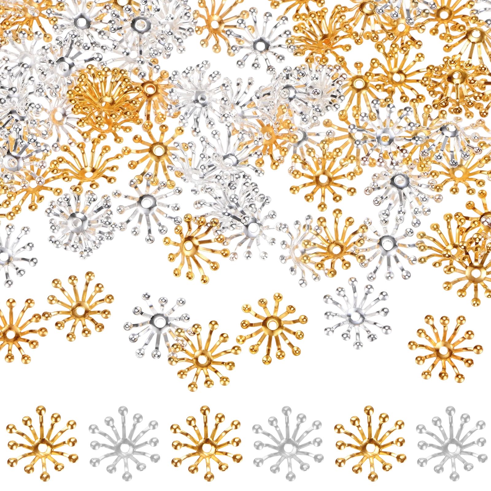 M METERXITY 100-Pack Bead End Caps Flower Stamen, 13mm x 3.5mm (W x H) Metal Multi-Petal Flower Spacer Bead End Caps for DIY Craft [Silver, Red Gold]