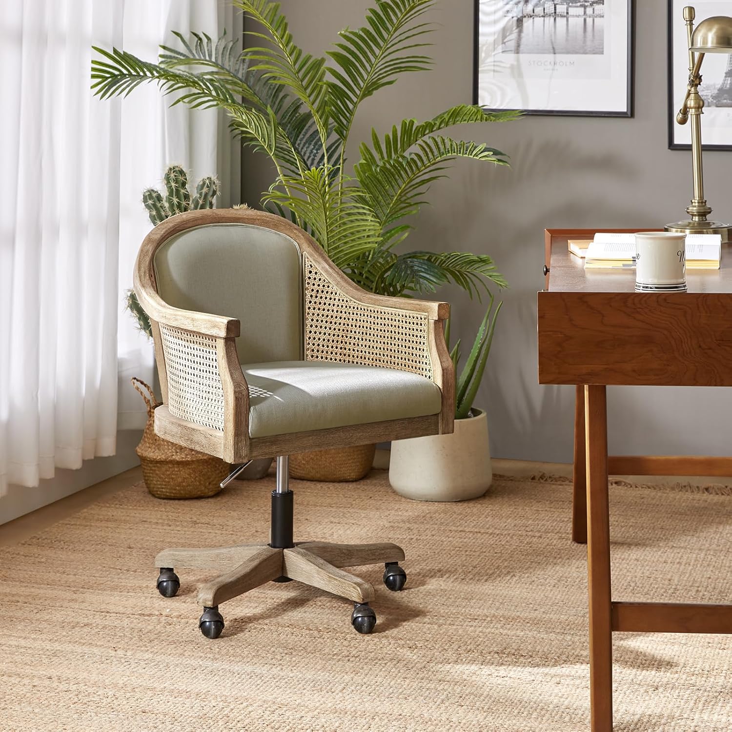Linen Upholstered Rattan and Wood Swivel Desk Chair