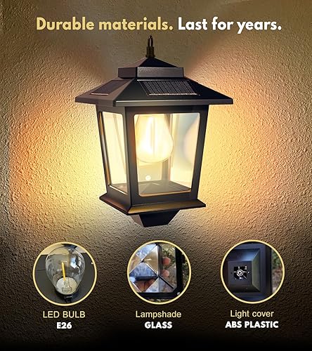 Miniatura 5 de Paquete de 2 faroles solares de pared con bombilla reemplazable, luces solares colgantes al aire libre con 4 paneles solares, aplique de pared LED
