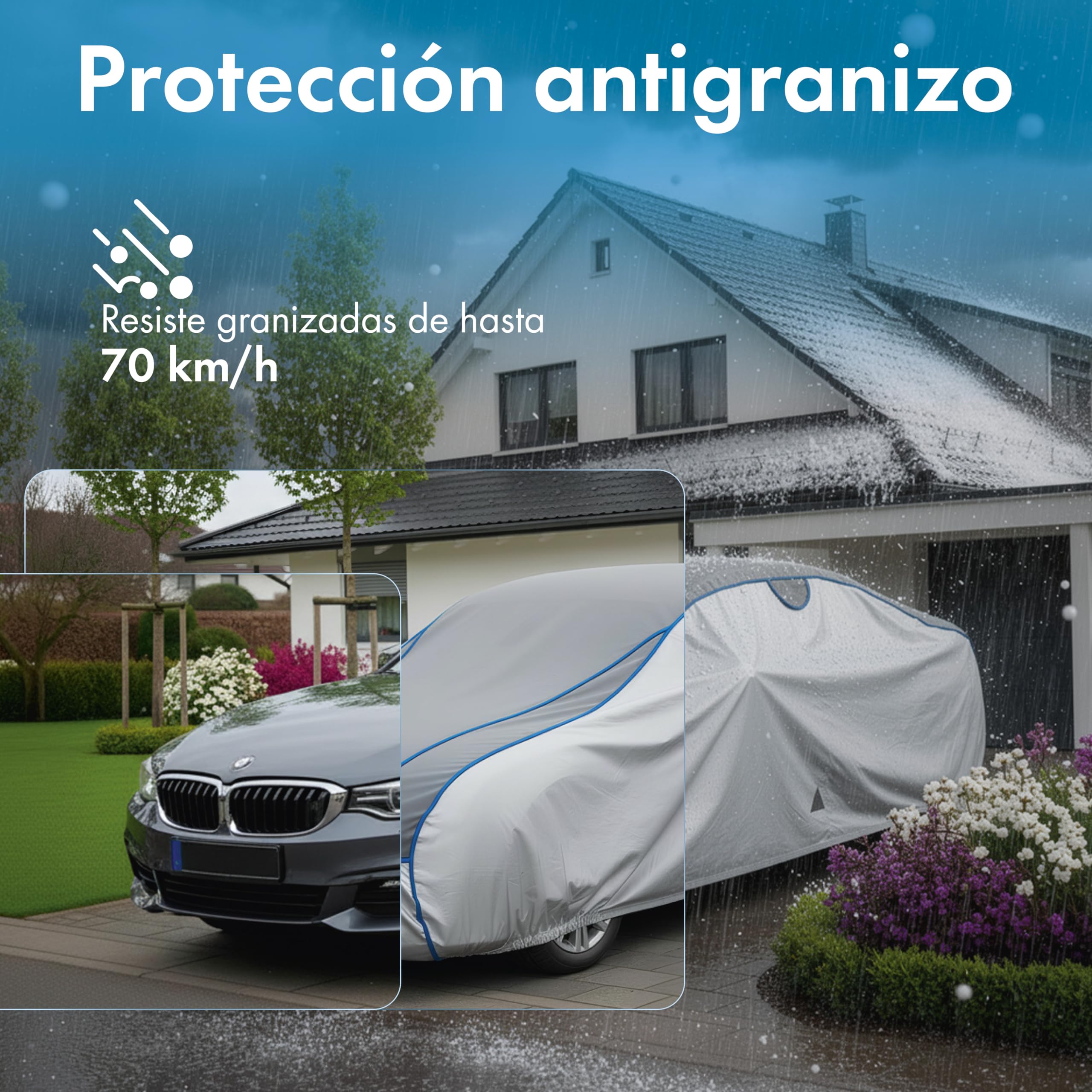 WALSER Funda antigranizo para Coche, Funda Protectora antigranizo, Cubierta Impermeable para Coche, Cubierta Completa Exterior, Protector Auto L Longitud MAX. 426-525 cm