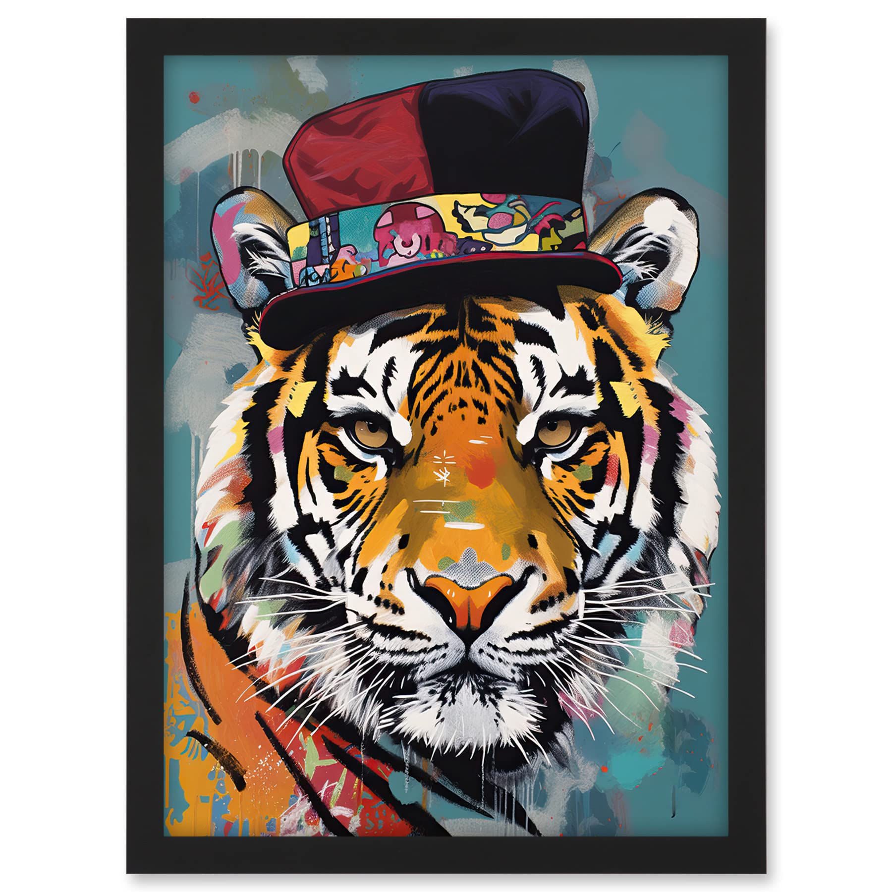 Artery8 Tiger Wearing Soft Felt Top Hat Modern Folk Art Artwork Framed A3 Wall Art Print