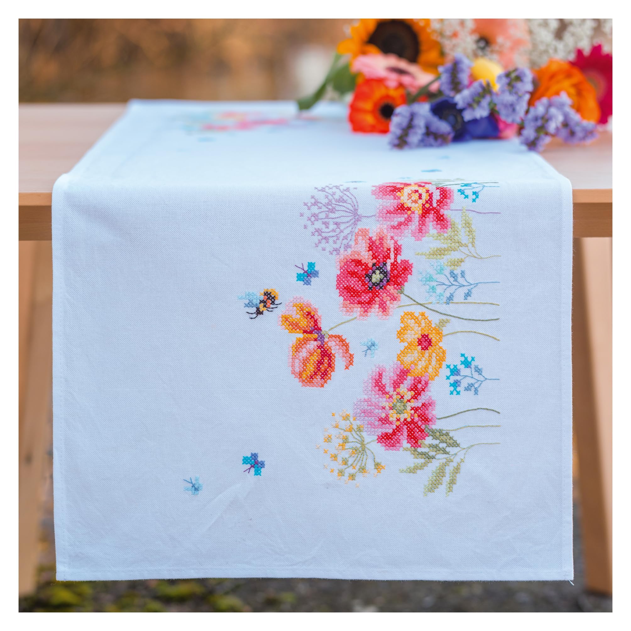 Kit Point De Croix Pré-Imprimé Chemin De Table Coquelicots Vervaco 35x95 cm