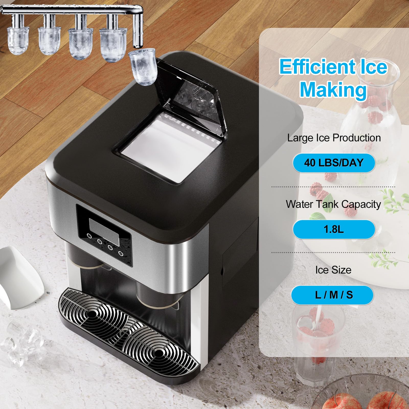 Muhub 3-in-1 Bottleless Water Cooler Dispenser with Ice Maker & Ice Crusher, 40lbs/24H Ice Output, 1.8L Water Tank, 3 Size Bullet Ice Cubes for Home Office RV Party on Fridge.com