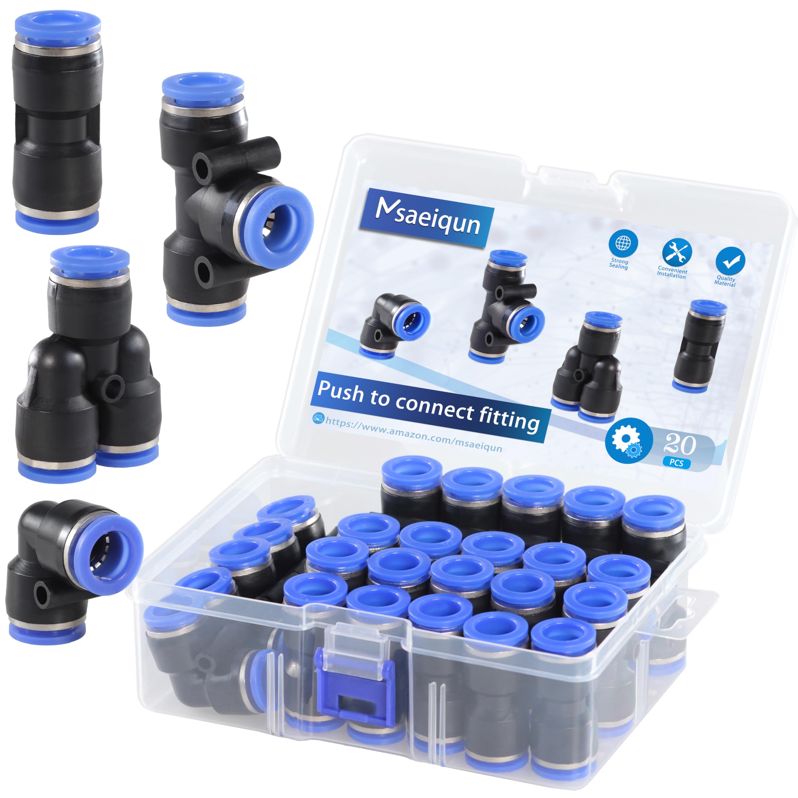 MSAEIQUN 20 Pcs 12mm od Push to Connect Fittings Kit Air Line Fittings 5 Spliters+5 Elbows+5 tee+5 Straight Air Line Pneumatic Fittings Quick Release