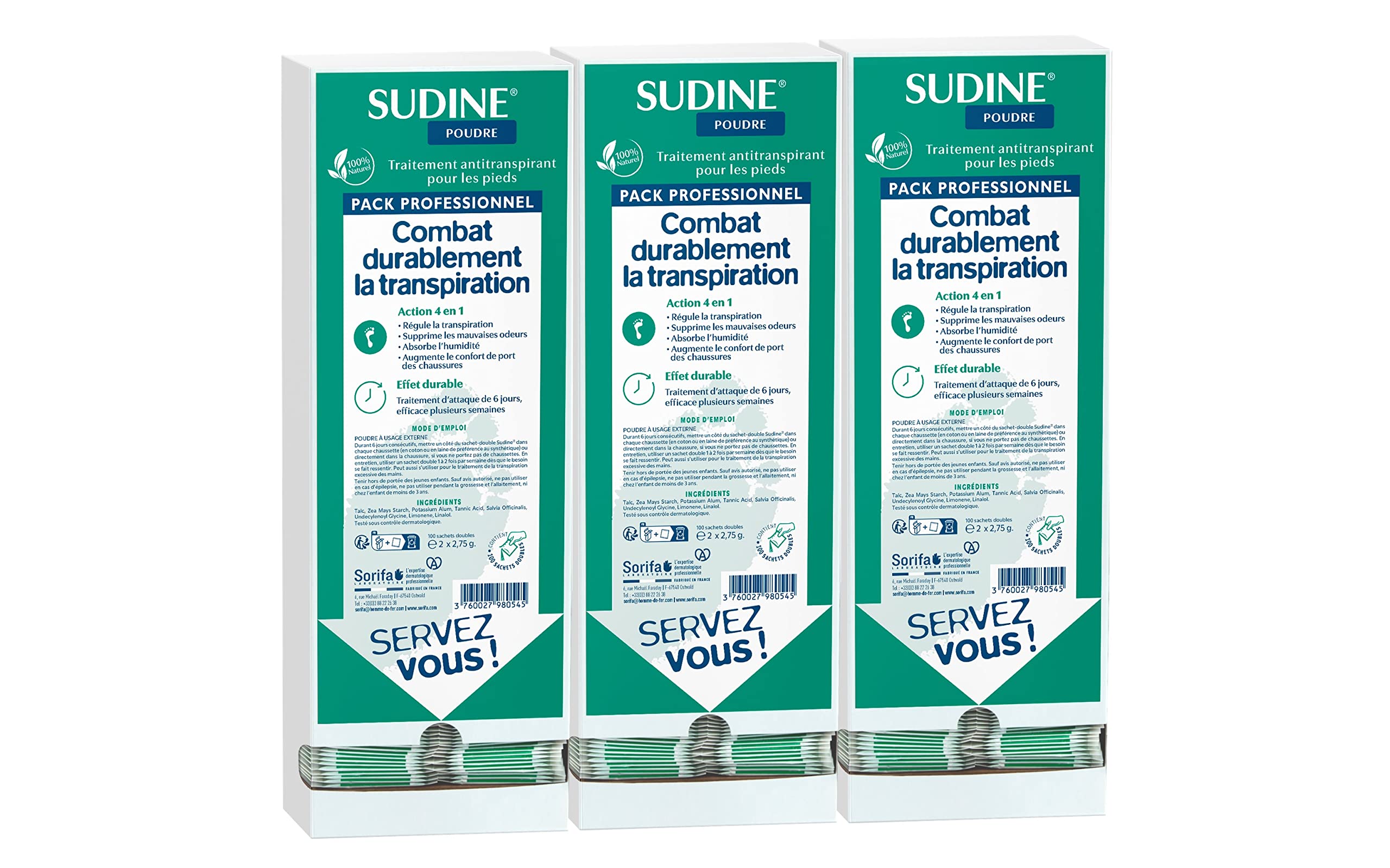 Set di 3 - Sudine Polvere Trattamento Antitraspirante - Piede - Regola il sudore - Assorbe - Previene le micosi - Senza sali di alluminio - Made in France - Bte 100 buste doppie
