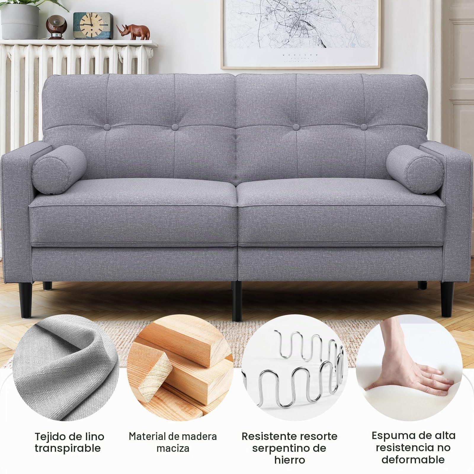Sofá 2 Plazas, Cojines Gruesos, 2 Bolsillos (Gris Ceniza) | Cómodo Sofá 2 Plazas de Lino con 2 Almohadas, Bolsillos Laterales, Diseño Ergonómico y Fácil Montaje para Salón y Oficina