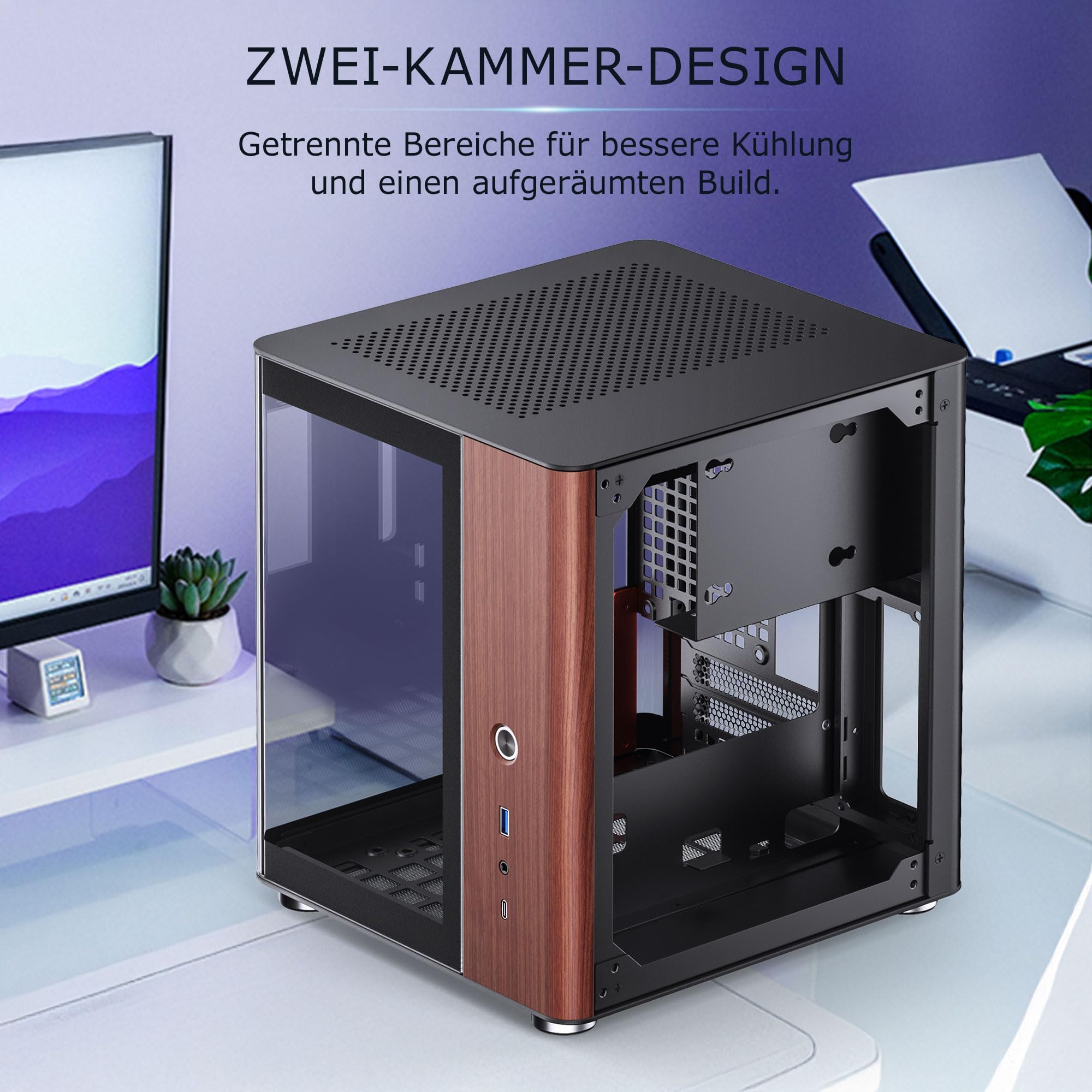 Jonsbo TK-0 Mini ITX Case schwarz - ITX Gehäuse mit Tempered Glass, Mini PC Gehäuse Holz, SFF Case für Grafikkarten bis 230mm, USB C am Frontpanel, 90 Grad Drehbarkeit für Flexible Platzierung