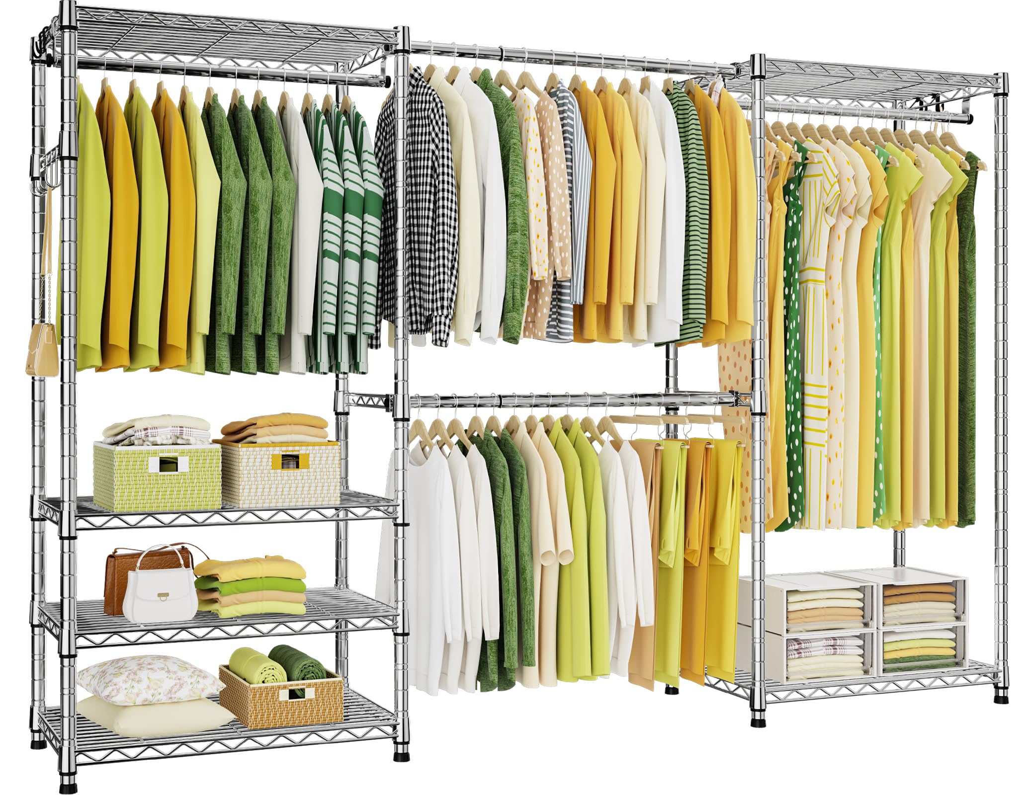 Ulif E1 Heavy Duty Clothes Garment Rack, 6-Tier Metal Freestanding Clothing Storage and Organizer with 4 Hanger Rods, Easy to Assemble Closet Wardrobe, (70.8" - 86.6") W x 13.4" D x 71.6" H, Chrome